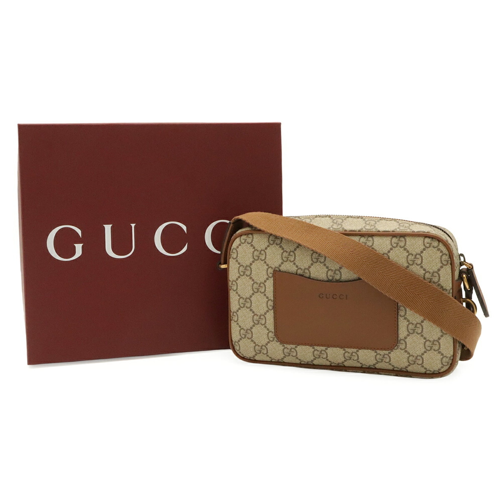 GUCCI GG Emblem Shoulder Bag, Canvas and Leather, Beige/Brown, 821216 — New - Store Return