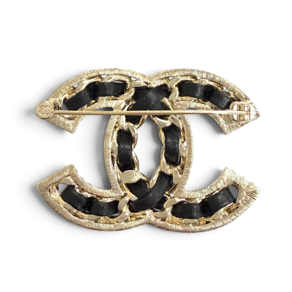 CHANEL B23P Coco Mark Lambskin Rhinestone Brooch, Black with Gold Hardware, Made in Italy, Women's, Very Popular — Like New