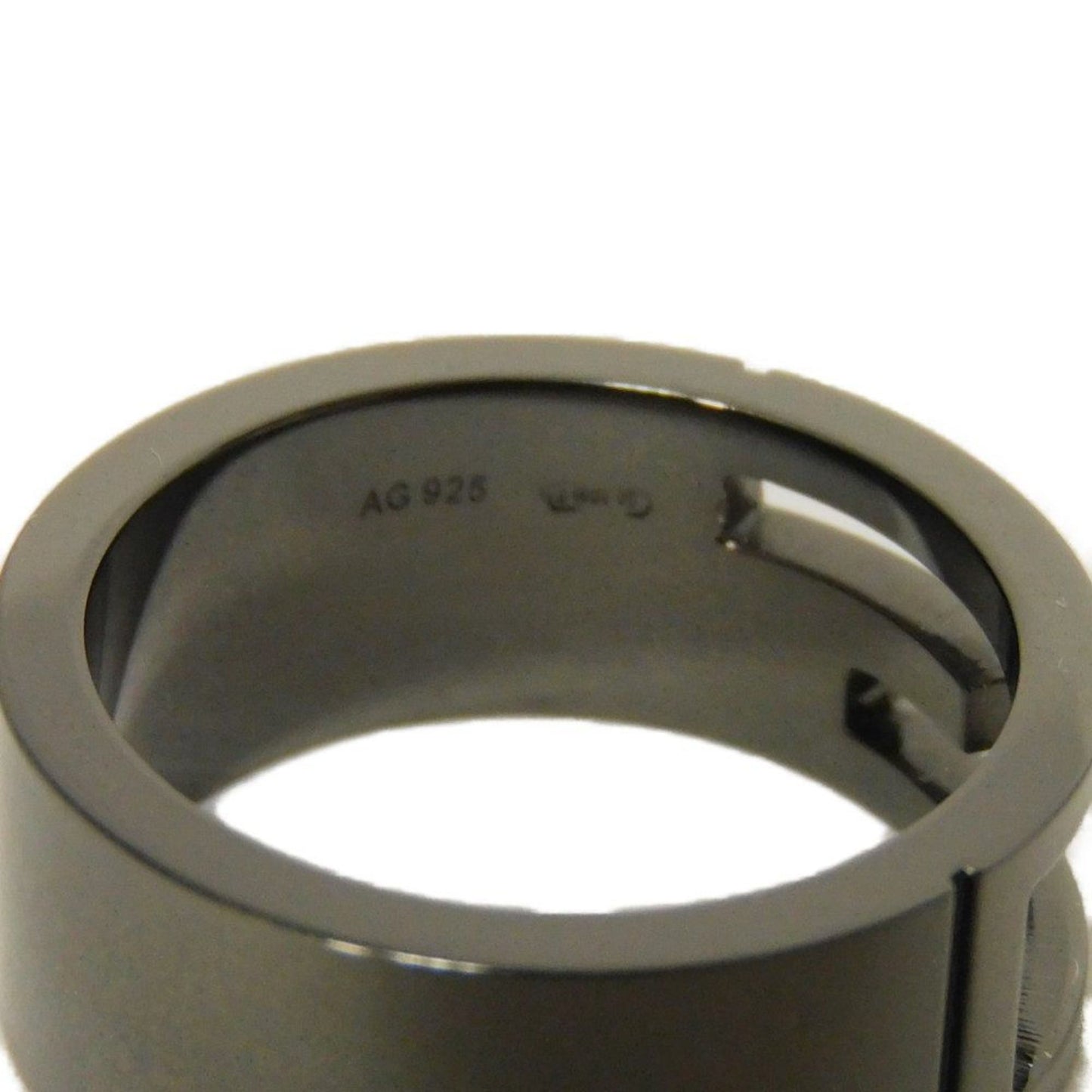 Gucci blunt cutout ring, G13, sterling silver with ruthenium, size 12, AG925 gunmetal, 224028 J8400 8195, for men and women.