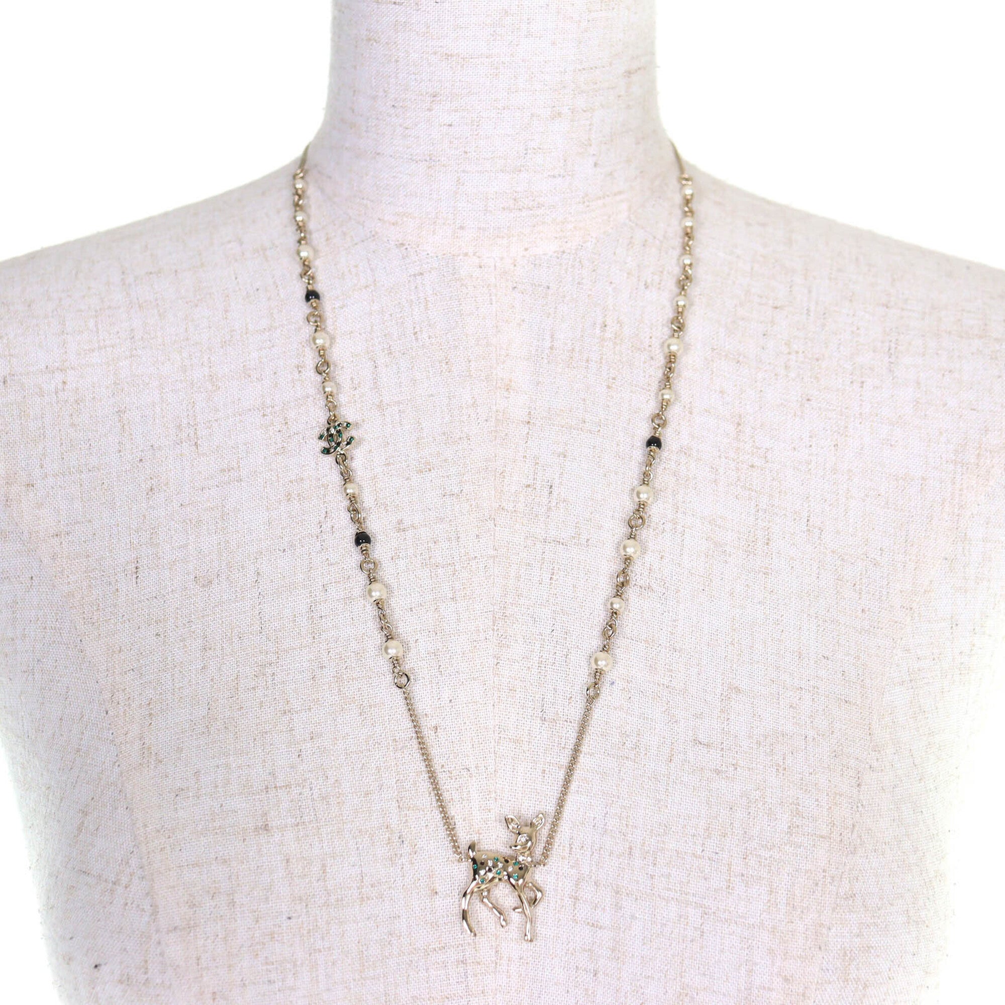 CHANEL Bambi Coco Mark Rhinestone Faux Pearl Necklace, 2026 Model, Gold, Comes with Box and Case, Made in Italy, Women's — Like New