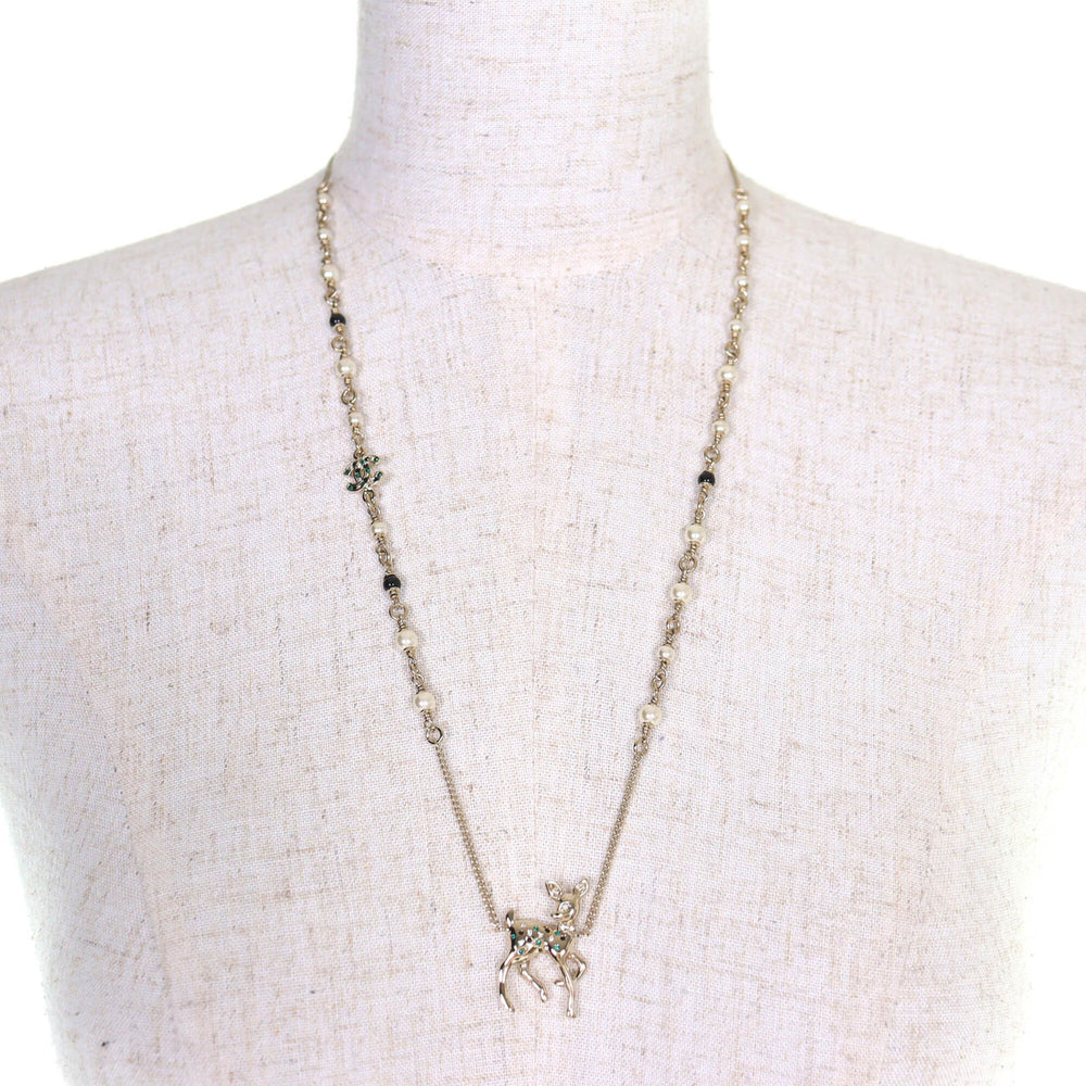 CHANEL Bambi Coco Mark Rhinestone Faux Pearl Necklace, 2026 Model, Gold, Comes with Box and Case, Made in Italy, Women's — Like New