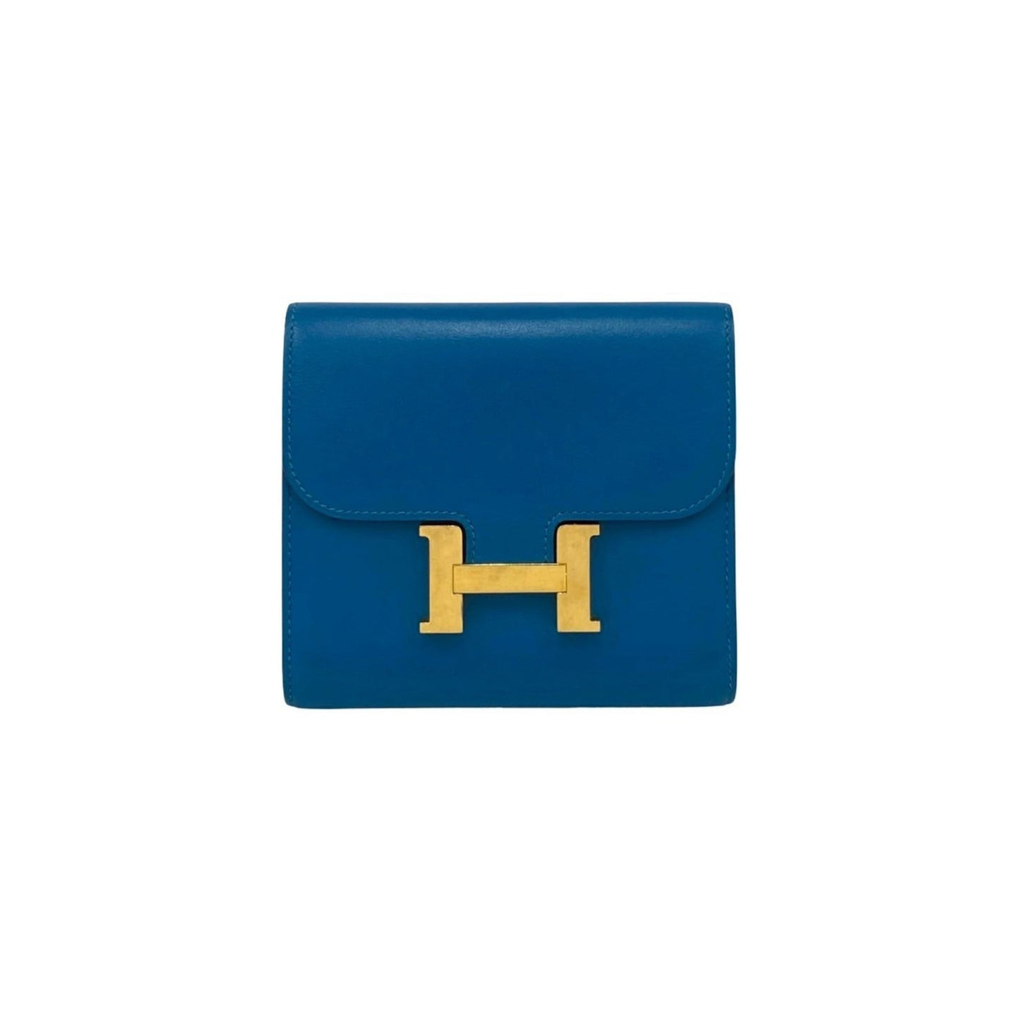 A stamped HERMES Constance Compact Calf Leather Bi-fold Wallet Blue 28793