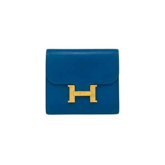 A stamped HERMES Constance Compact Calf Leather Bi-fold Wallet Blue 28793