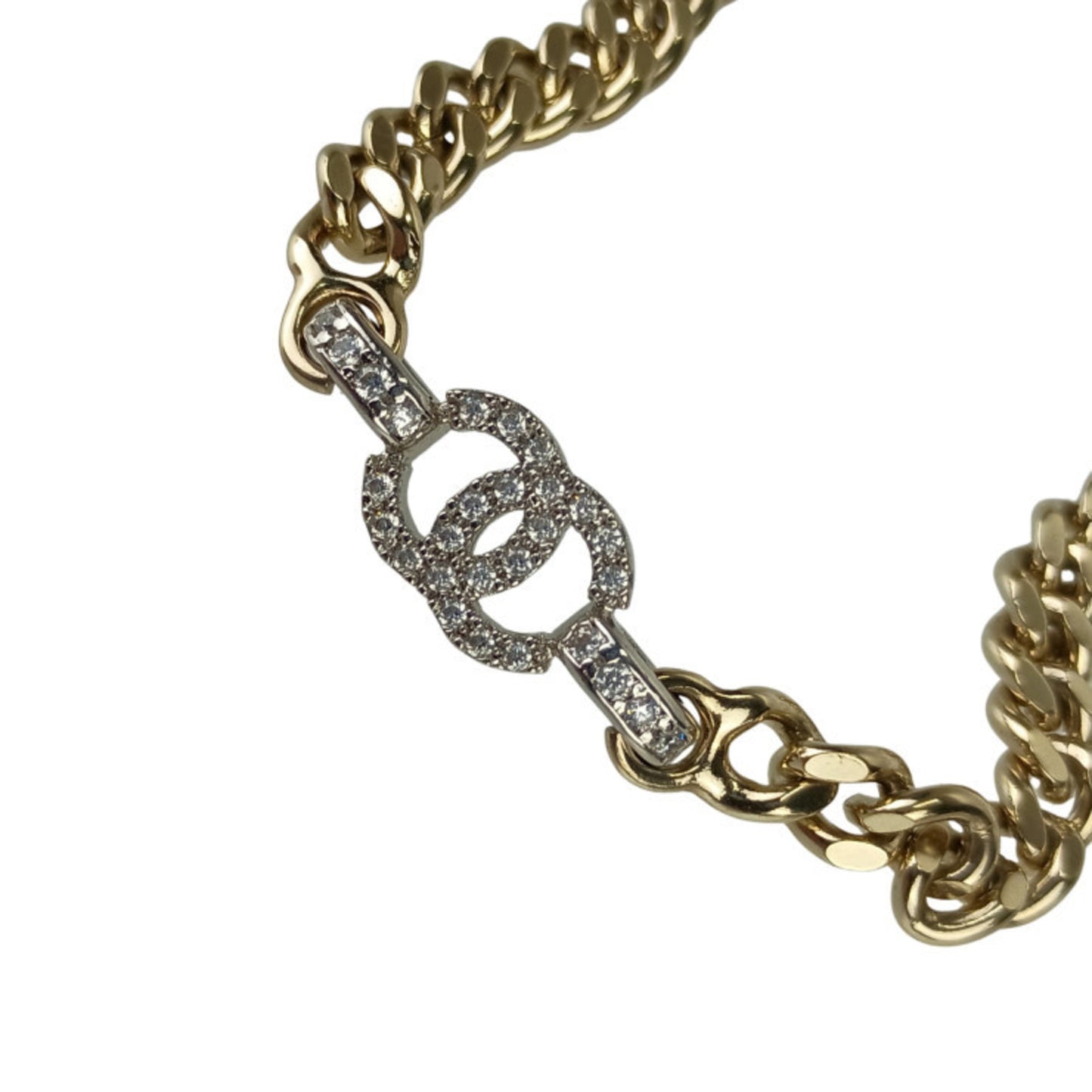 CHANEL Coco Mark Wristwear Chain Bracelet in Gold and Silver Metal with Rhinestones, Women's, B22, Size S