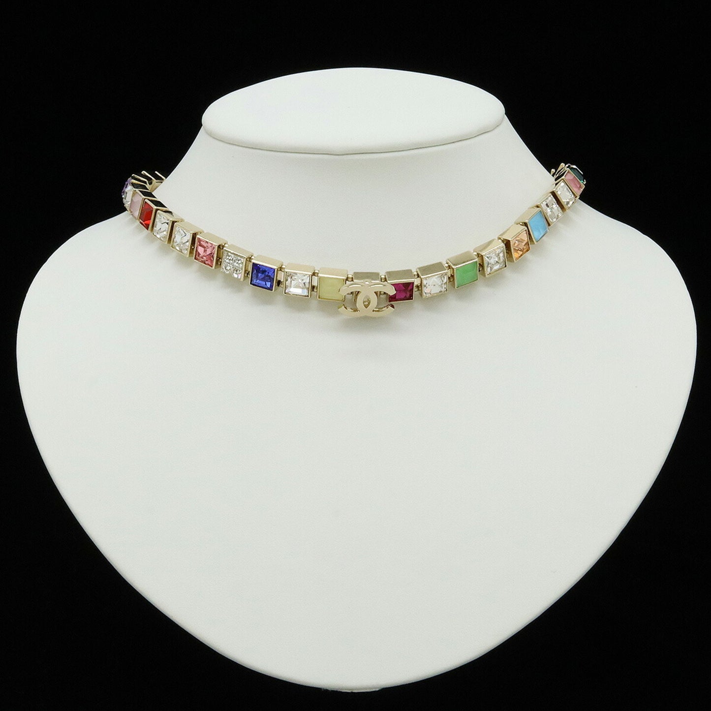 CHANEL Coco Mark Square Rhinestone Choker Necklace GP Gold Multicolor A21 K