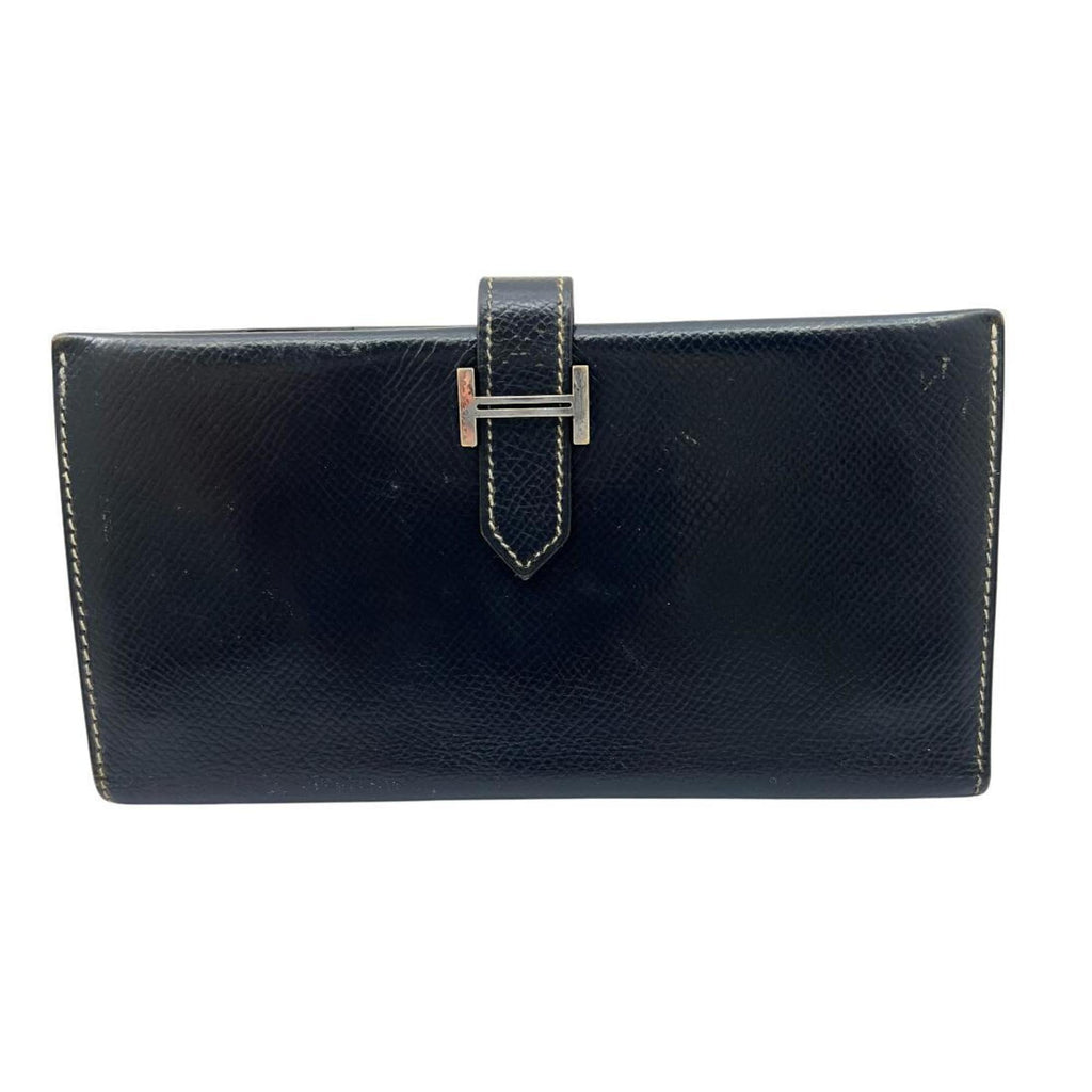 HERMES Bearn Classic Long Wallet, Couchvel, Navy Blue, E Stamp, Made in 2001, Men's and Women's