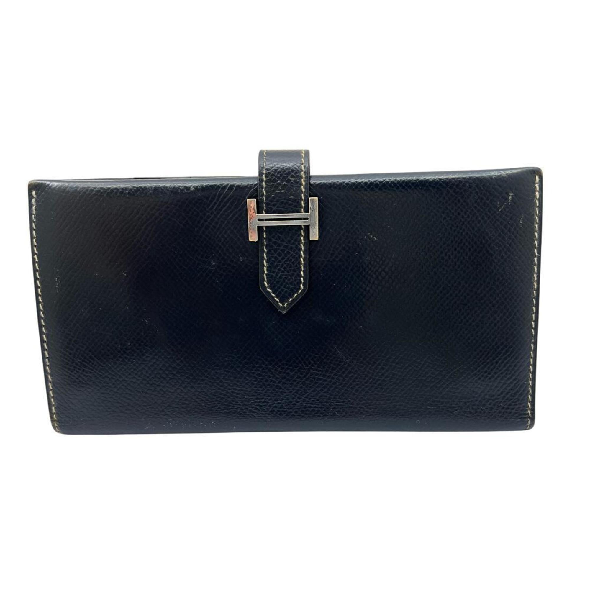HERMES Bearn Classic Long Wallet, Couchvel, Navy Blue, E Stamp, Made in 2001, Men's and Women's