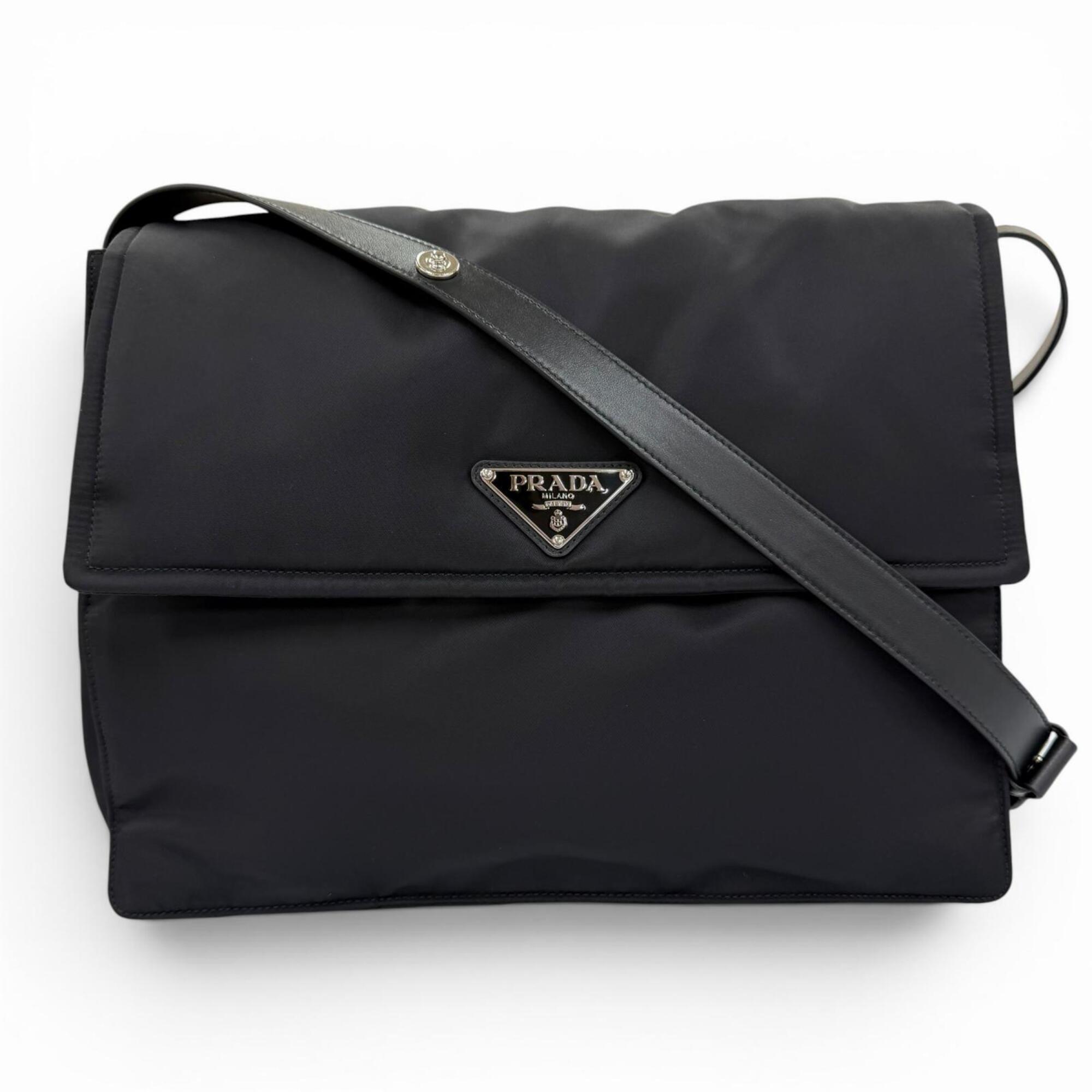 PRADA 1BD256 Re-Nylon Large Padded Shoulder Bag with Leather Accents and Triangle Logo, Black, Made in Italy, Women's — Like New