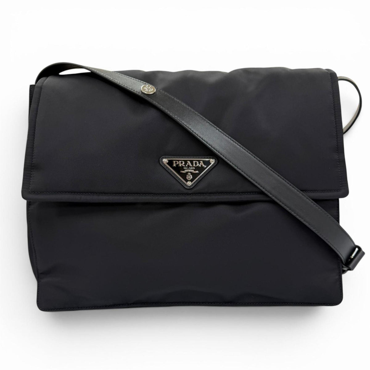 PRADA 1BD256 Re-Nylon Large Padded Shoulder Bag with Leather Accents and Triangle Logo, Black, Made in Italy, Women's — Like New