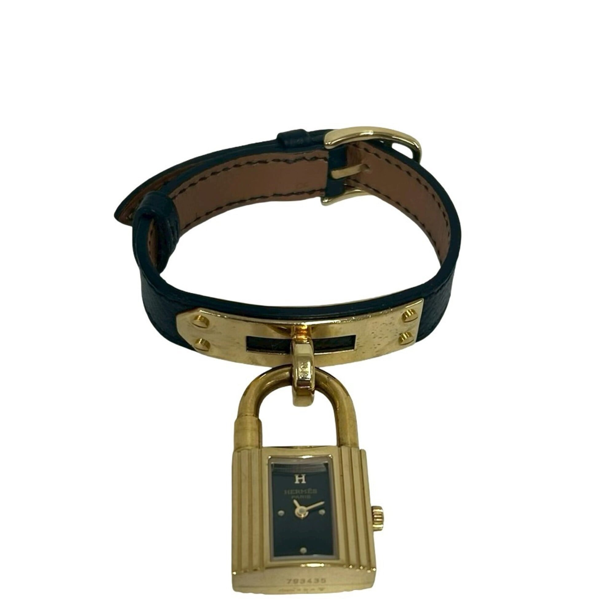HERMES Vintage Kelly Watch, Leather, Genuine GP Finish, Wristwatch, Black & Gold, 82135 — Good