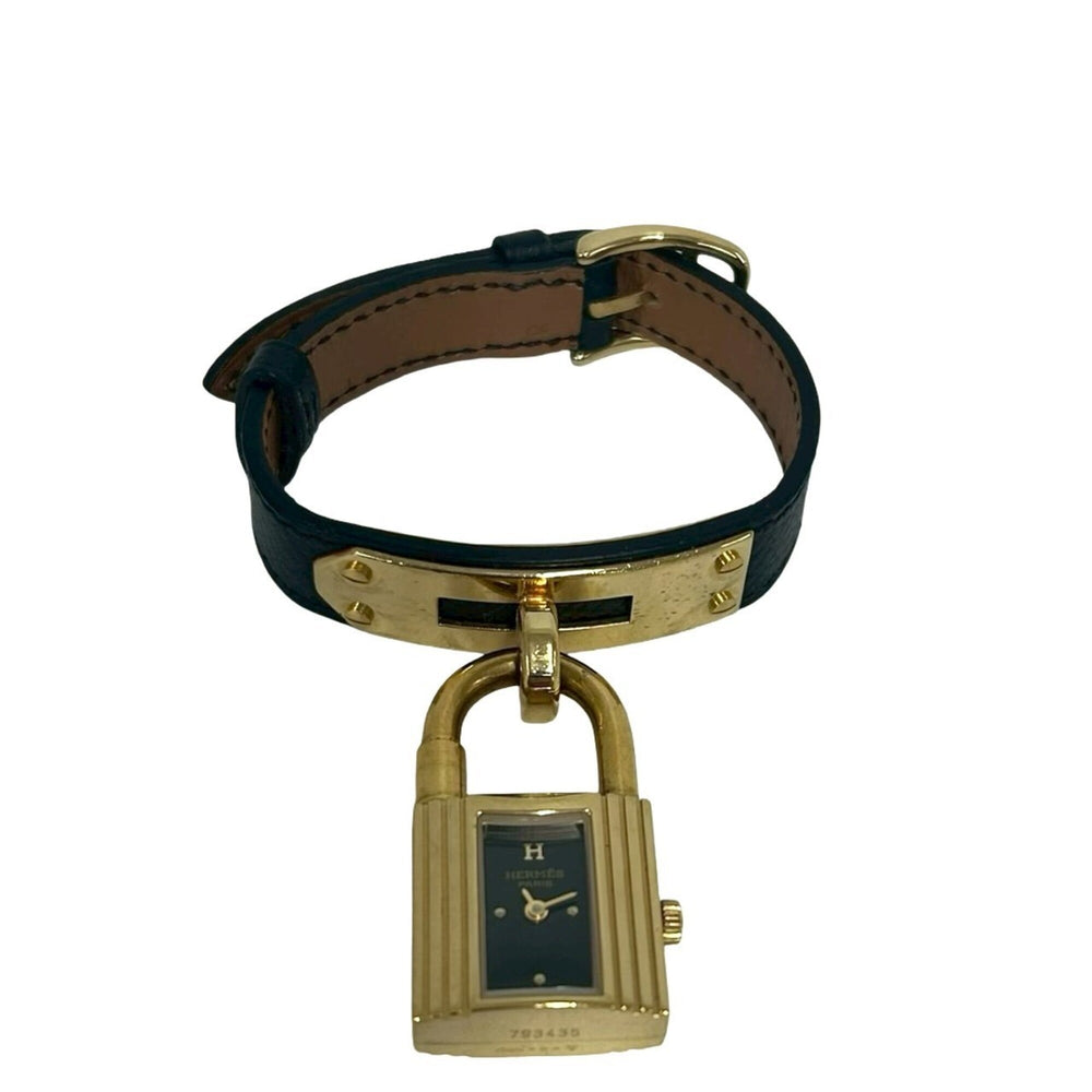 HERMES Vintage Kelly Watch, Leather, Genuine GP Finish, Wristwatch, Black & Gold, 82135 — Good