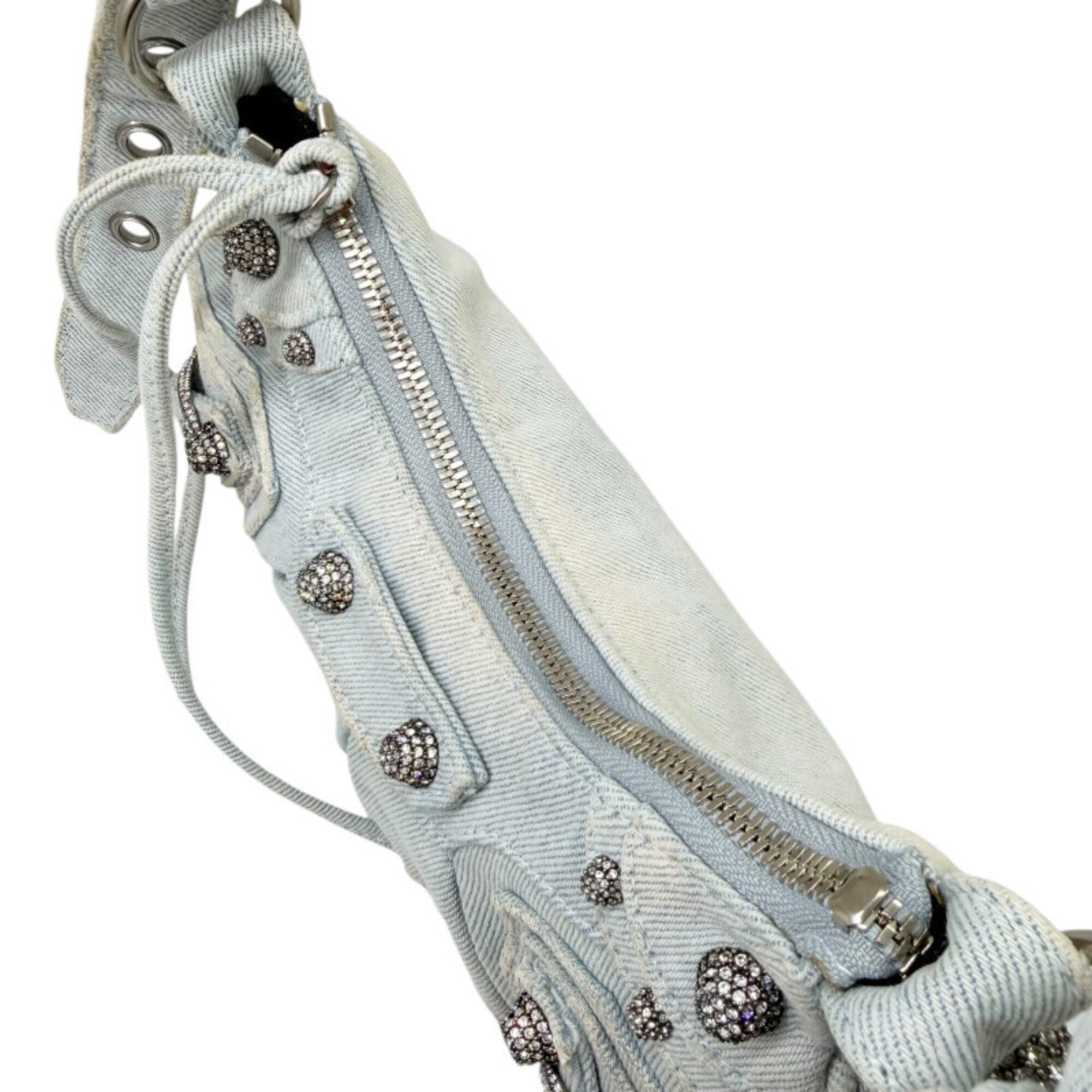 BALENCIAGA Le Cagole denim shoulder bag XS, blue with rhinestone heart design, for women — New - Store Return