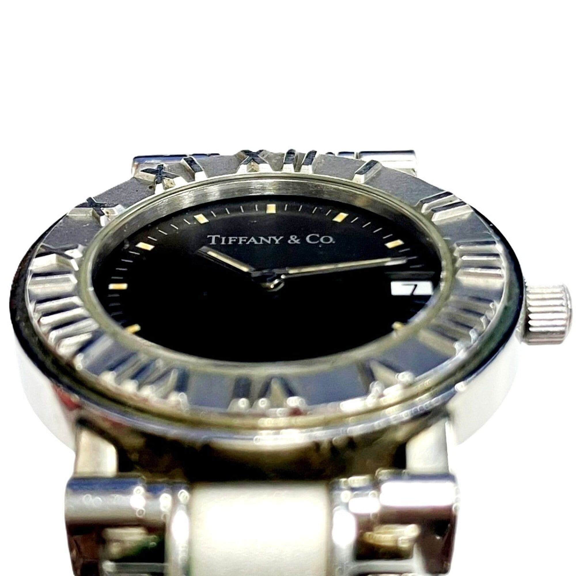 Tiffany & Co. Atlas watch, total weight 51.2g, stainless steel, quartz movement, black dial — Good