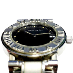 Tiffany & Co. Atlas watch, total weight 51.2g, stainless steel, quartz movement, black dial — Good