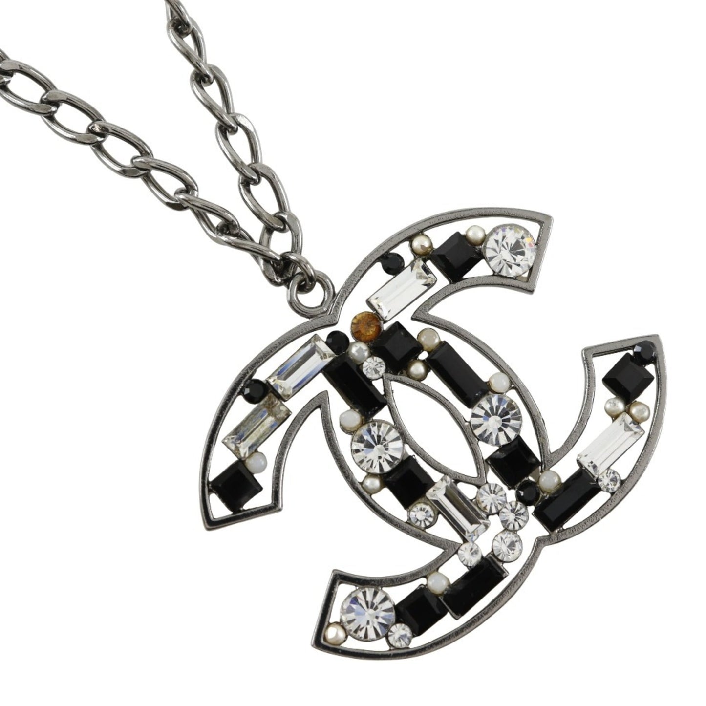CHANEL COCO Mark Necklace with Rhinestones, 2003, Silver/Black, 03A, Approx. 34.1g, Women's