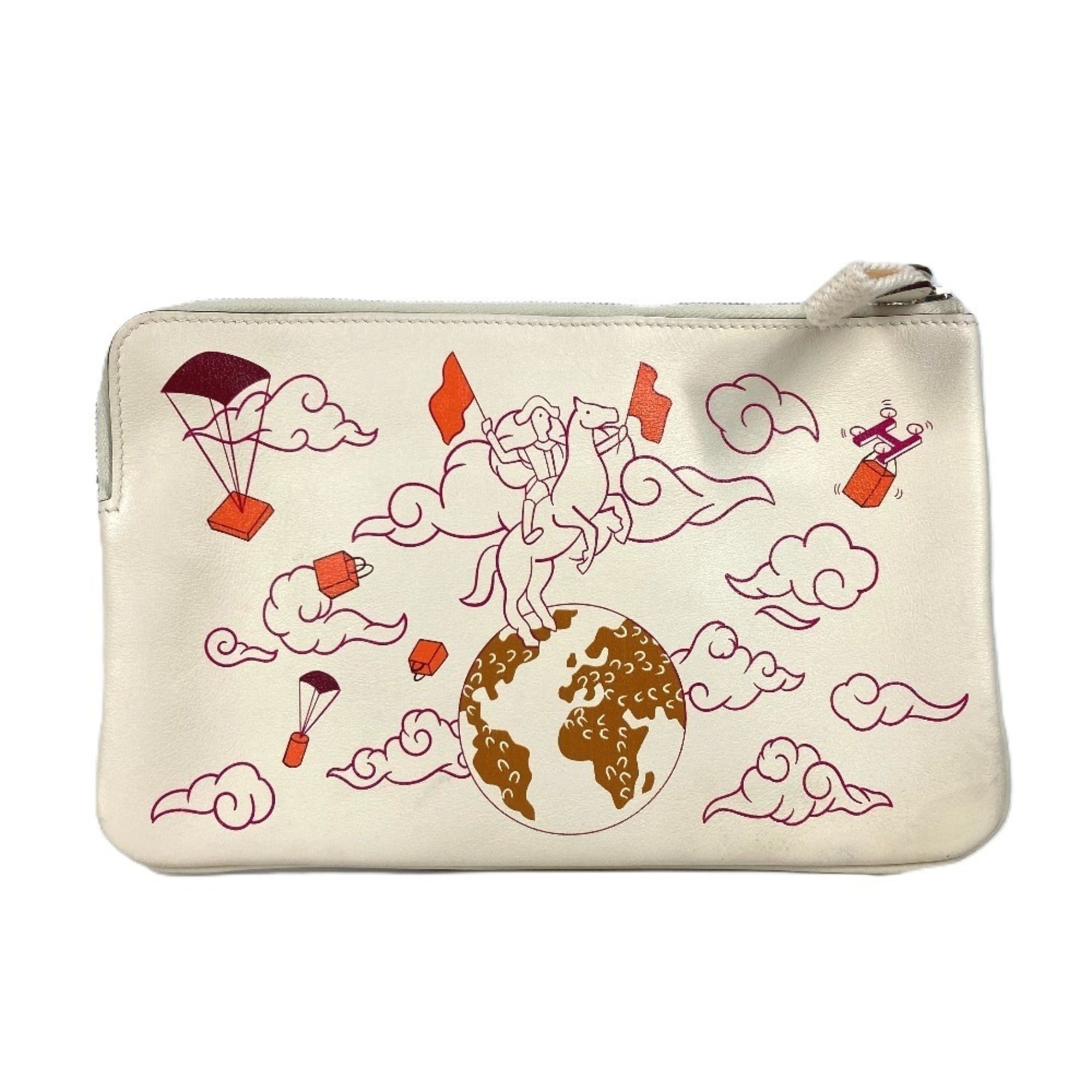 HERMES Hermes Carre Pocket Long Accessory Case Flat Pouch Bag Clutch Leather Women's Ivory — Like New