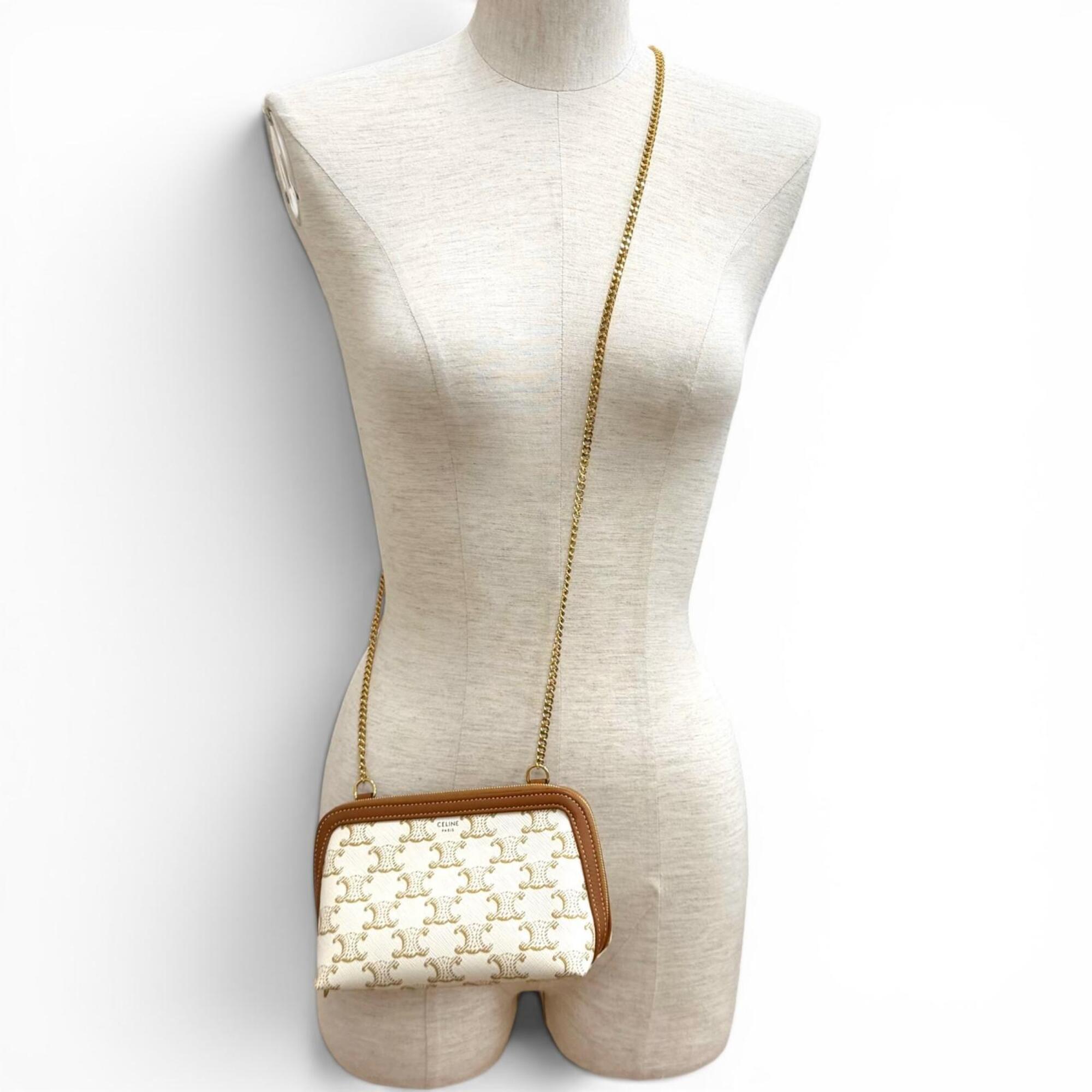 CELINE 10E382CBX Triomphe Canvas Logo Chain Clutch Bag Shoulder Off-White Brown Made in Italy Women's Comes with Box and Dust — Like New