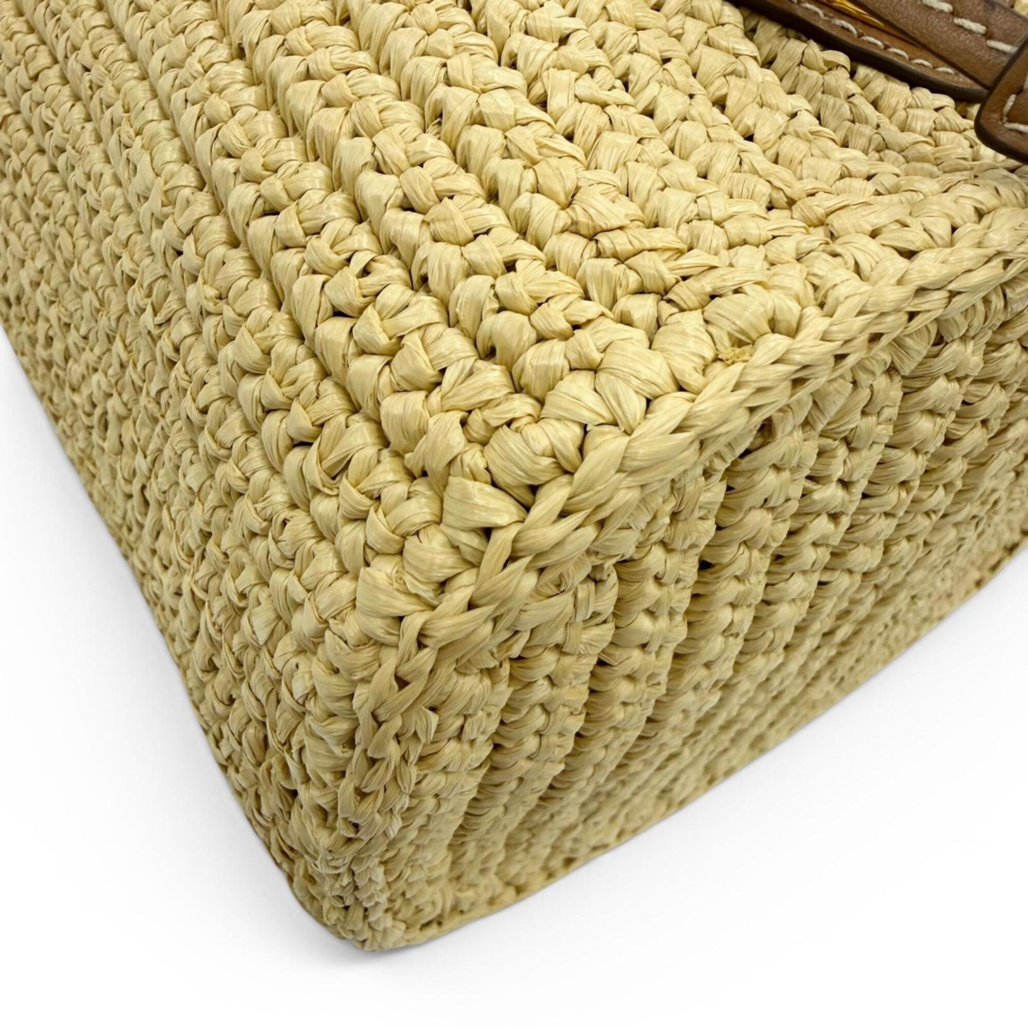 PRADA 1BE068 Crochet Mini Bucket Bag with Triangle Logo, Leather Accents, Raffia, 2-Way Shoulder Bag/Handbag, Natural Finish, Made in Italy, Women's, Dust Bag — Like New