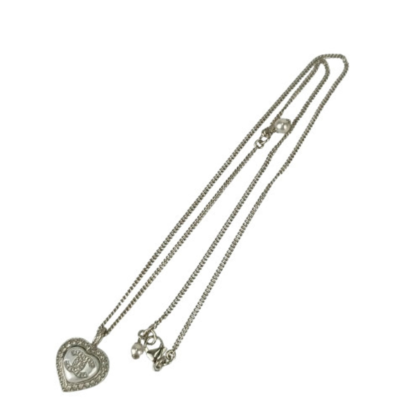 CHANEL Coco Mark Heart Necklace ABB617, Silver Metal with Rhinestones and Faux Pearls, Women's