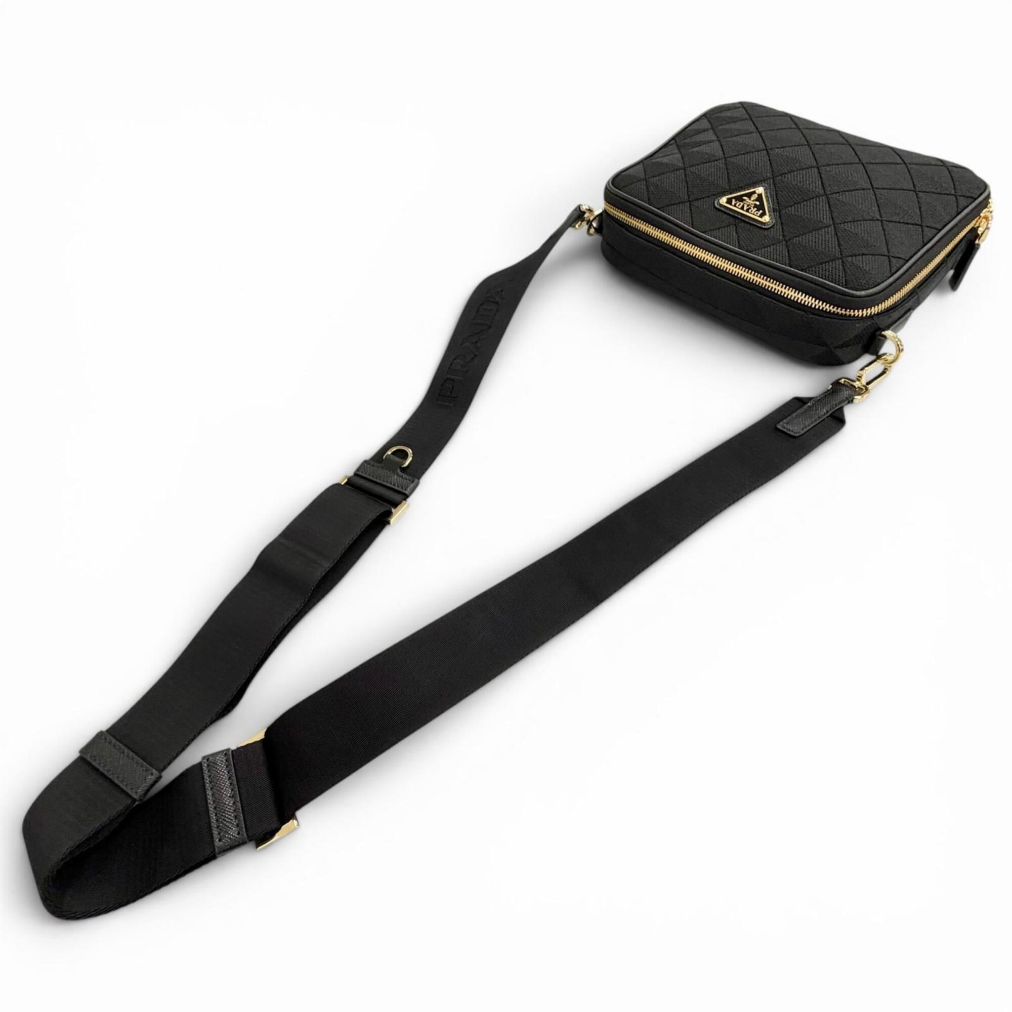 PRADA 2VH069 Brick Triangle Logo Jacquard Leather Shoulder Bag, Black with Gold Hardware, Made in Italy, Men's, Dust Bag — New - Store Return