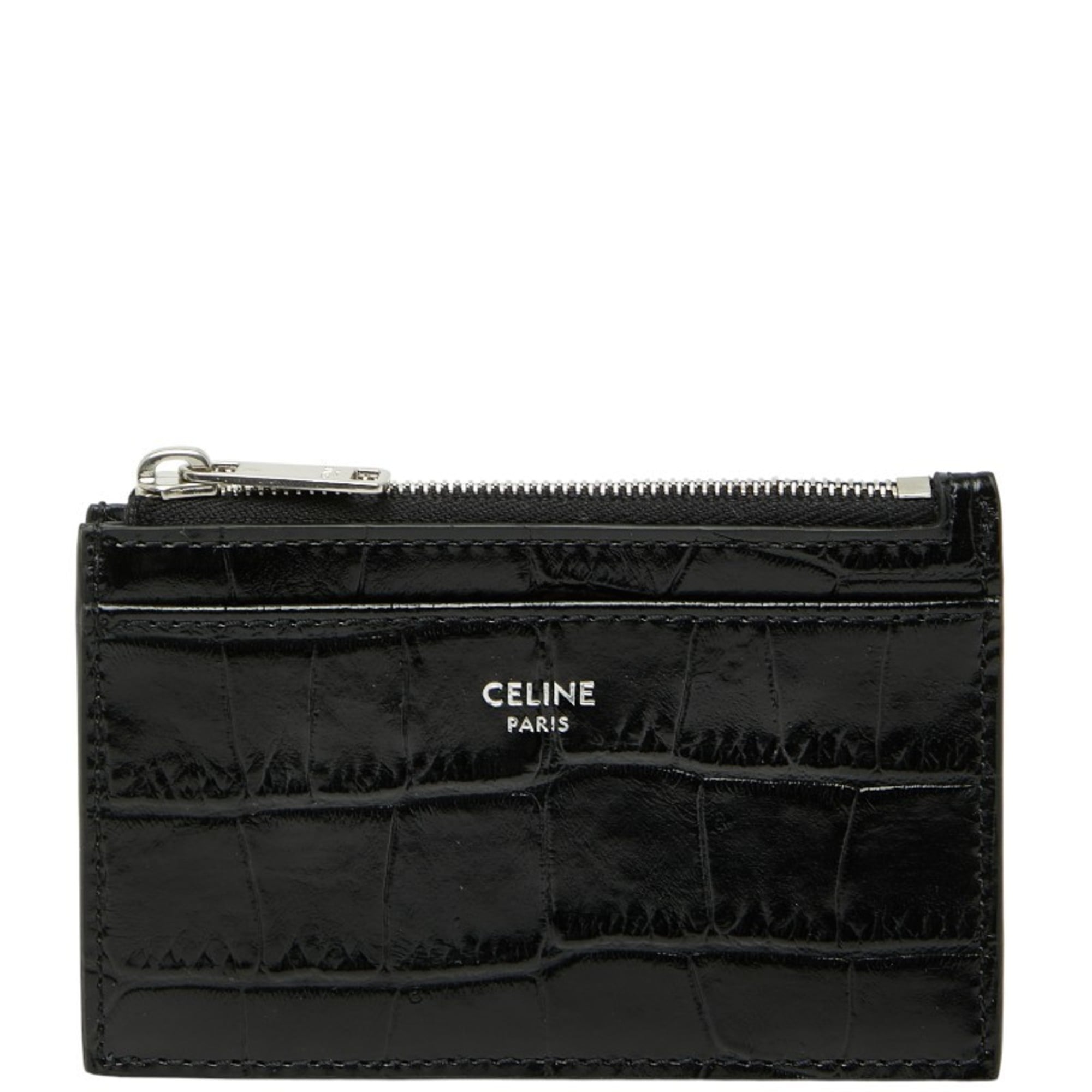 Celine Crocodile Embossed Wallet/Coin Case/Pass Case in Black Leather for Women