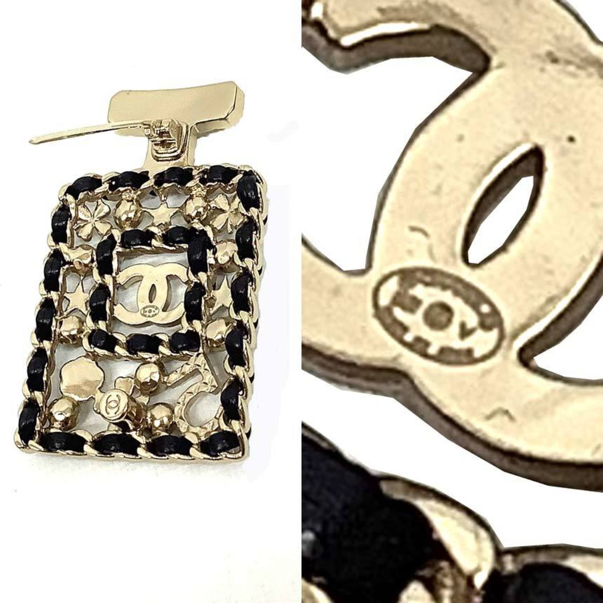 CHANEL Brooch with Bottle Motif, Matelasse Design, Clover, Camellia, Pearl, Coco Mark, Gold and Black, Brass Leather — New - Store Return