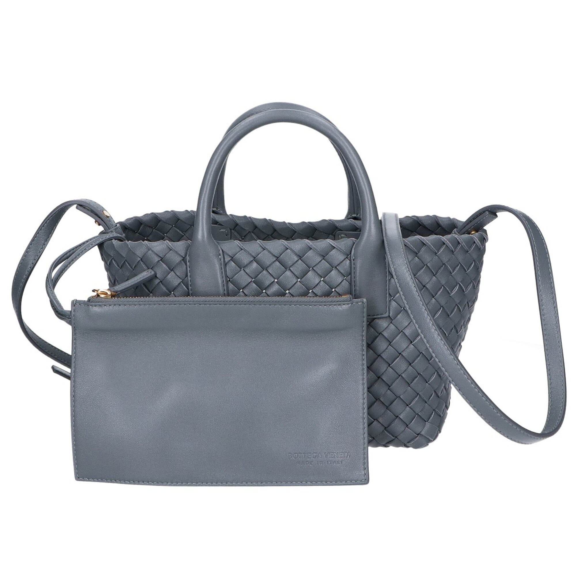 BOTTEGA VENETA 709464 Intrecciato Mini Cabas 2-Way Handbag, Gray with Gold Hardware, Women's — Like New