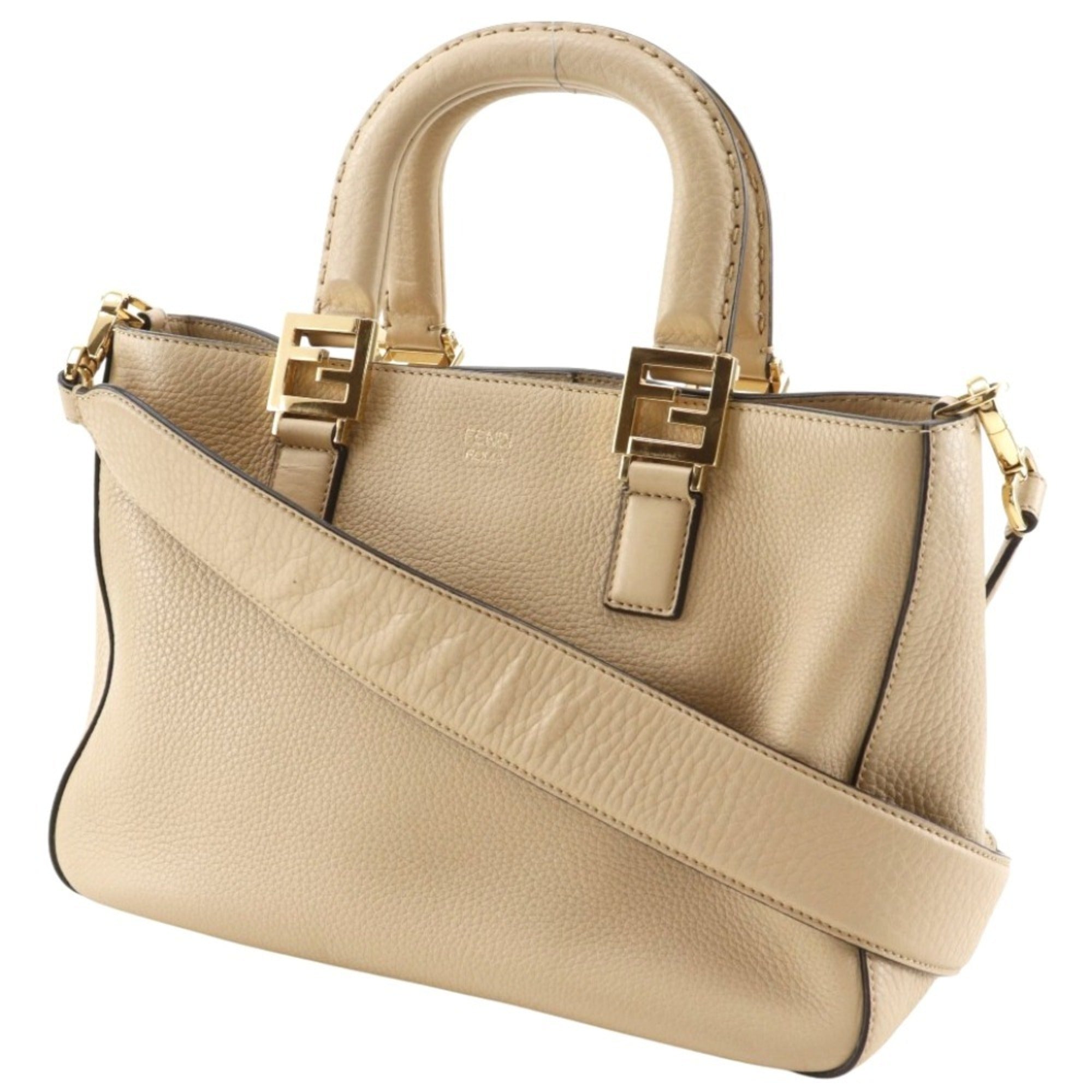 Fendi FF Tote Small Handbag 2-Way Shoulder Bag 8BH367 Calfskin Beige 2-way A5 Magnetic Closure Women's — Like New