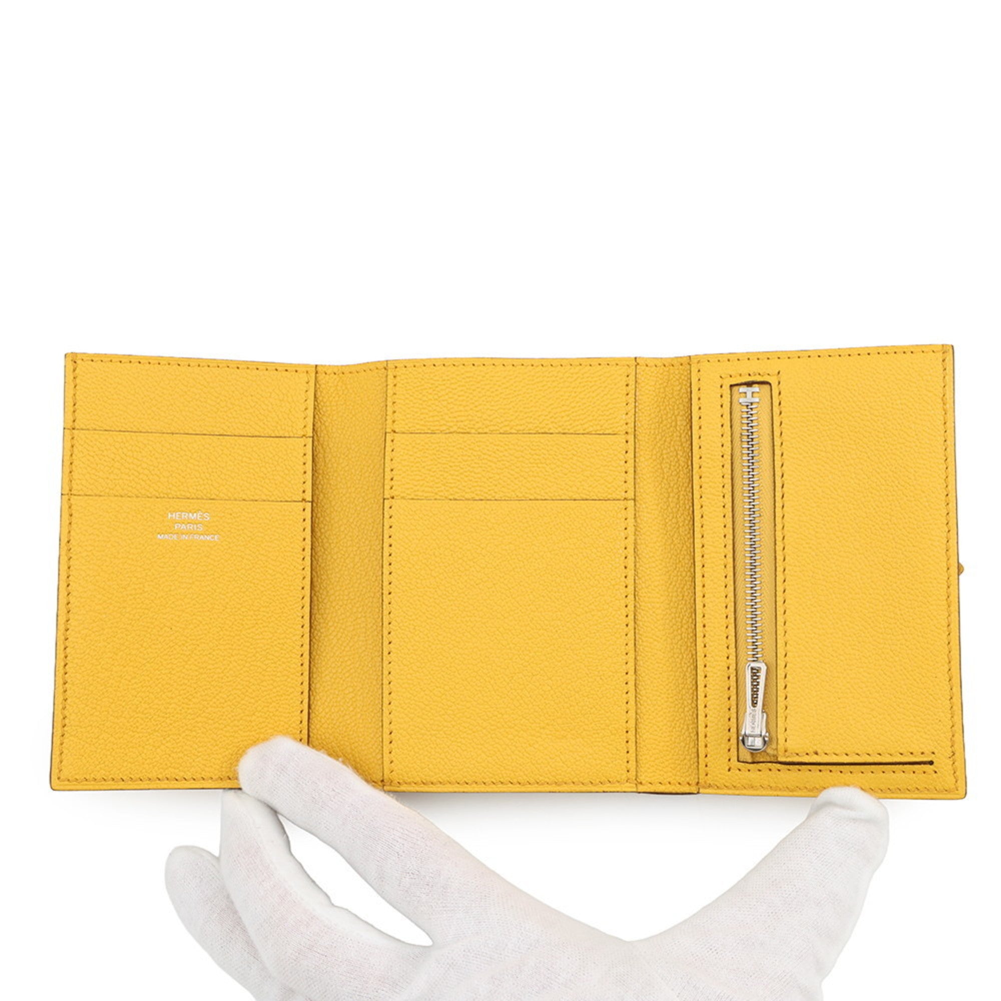 Hermès Tri-fold Wallet Bearn Combination Jaune Ambre/Chevre Mysore W Stamp HERMES
