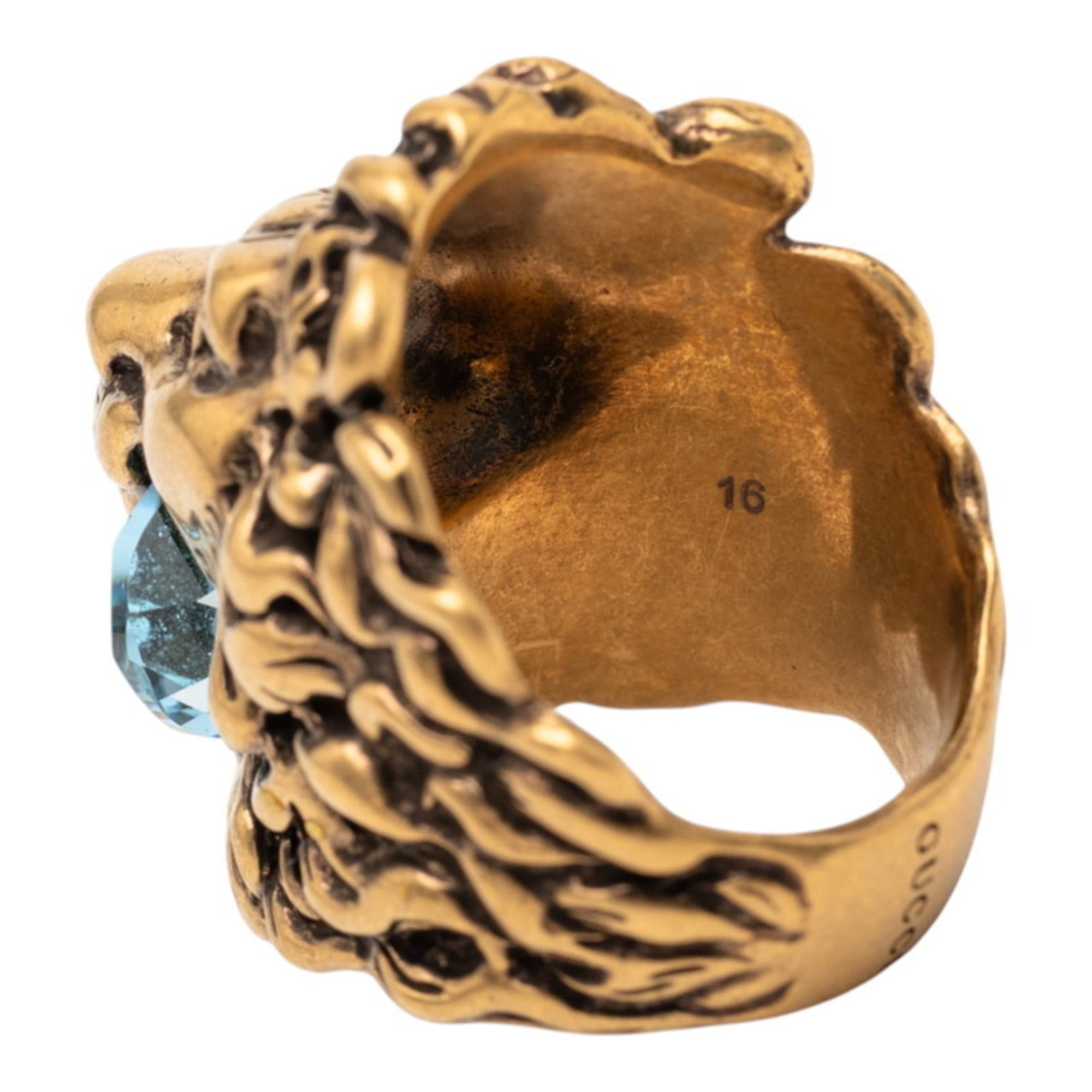 Gucci Lion Head Ring, #16 Gold with Light Blue Plated Stone, Women's, GUCCI