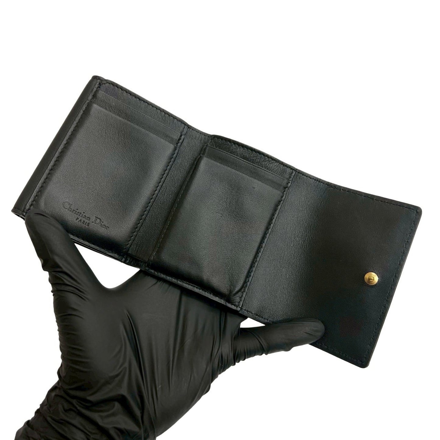 Christian Dior Cannage Stitch Logo Leather Tri-fold Wallet, Mini, Black, 13140