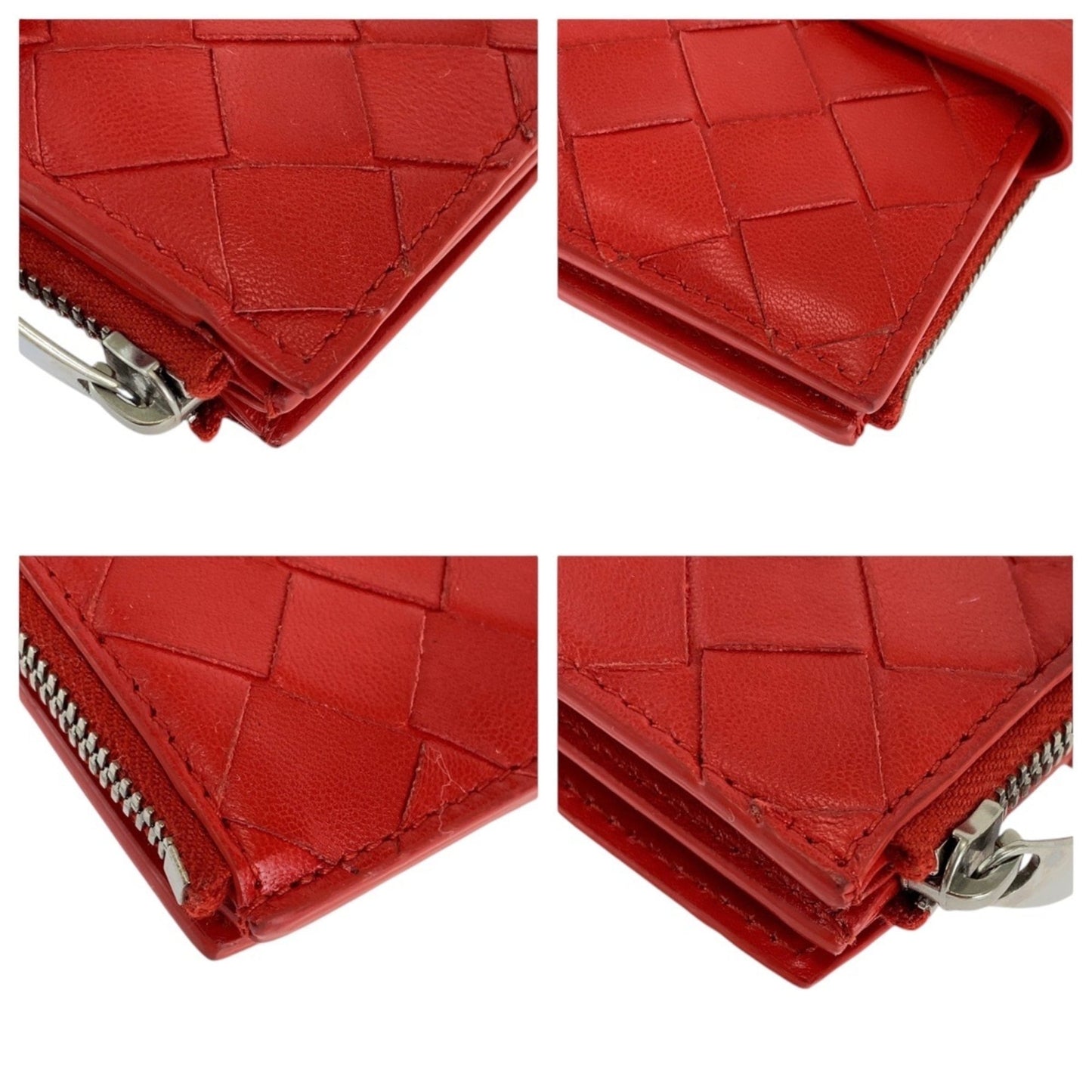 BOTTEGA VENETA Maxi Intrecciato Red Leather Folding Wallet with Silver Hardware, Compact for Women