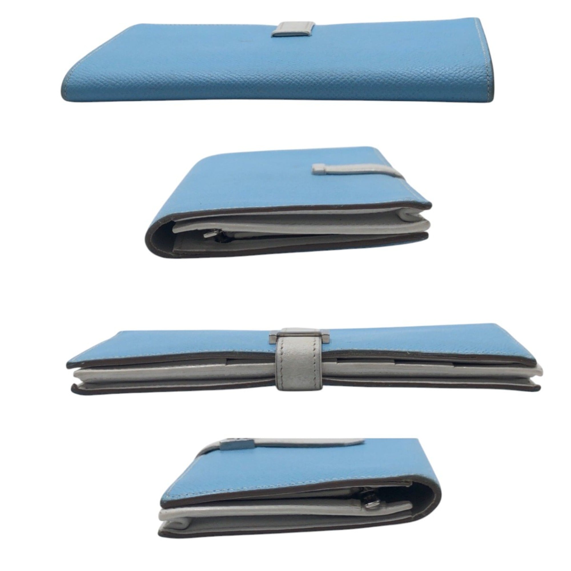 HERMES Bearn Soufflet Blue, Light and White Epsom Leather Long Wallet, □O ★ Stamped, Women's