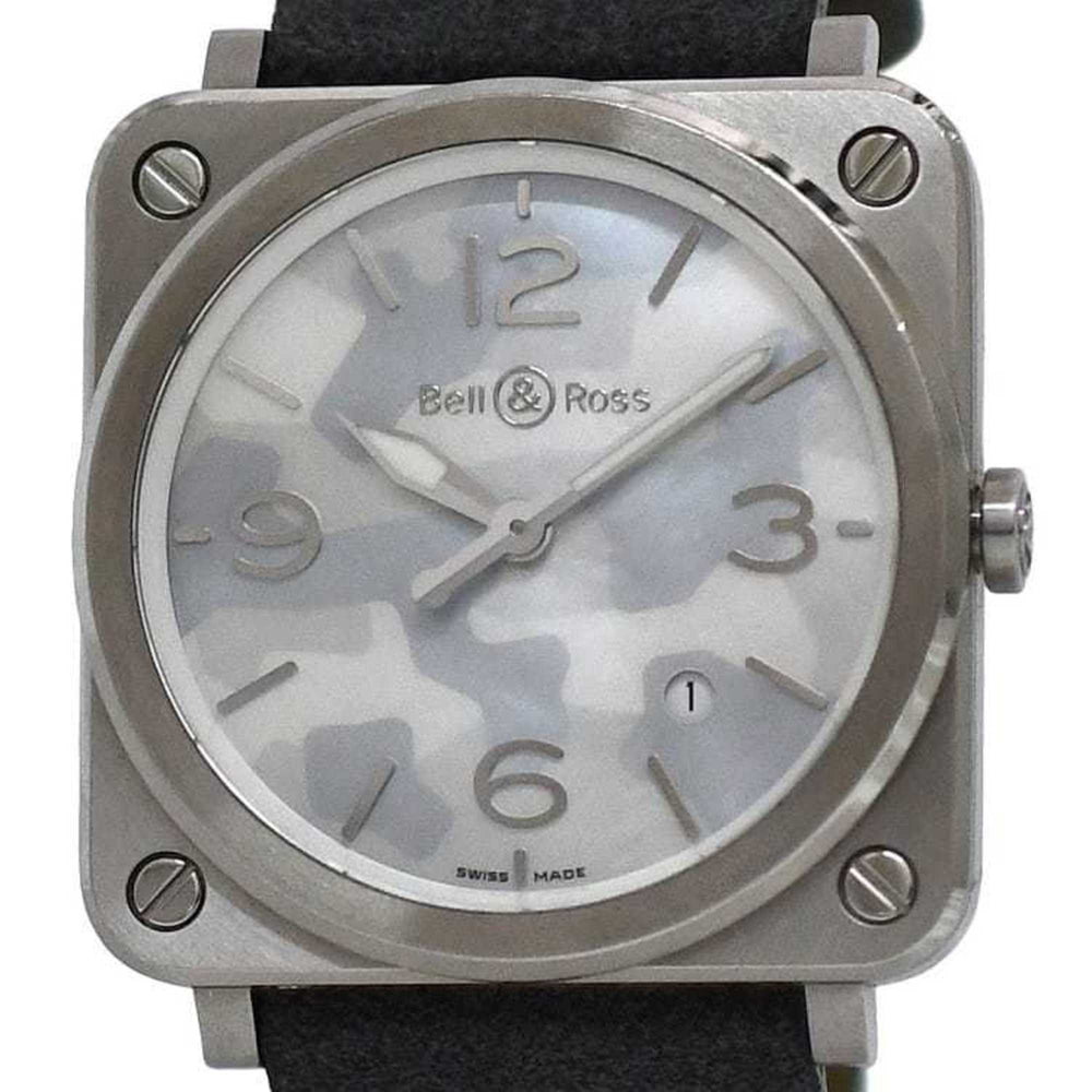 Bell & Ross Watch Aviation 39 f-22679 Camouflage White Shell Silver Gray BRS-64-S Men's SS Suede Leather Rubber Quartz Square Dial Interchangeable Strap Battery Operated — Good