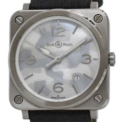 Bell & Ross Watch Aviation 39 f-22679 Camouflage White Shell Silver Gray BRS-64-S Men's SS Suede Leather Rubber Quartz Square Dial Interchangeable Strap Battery Operated — Good