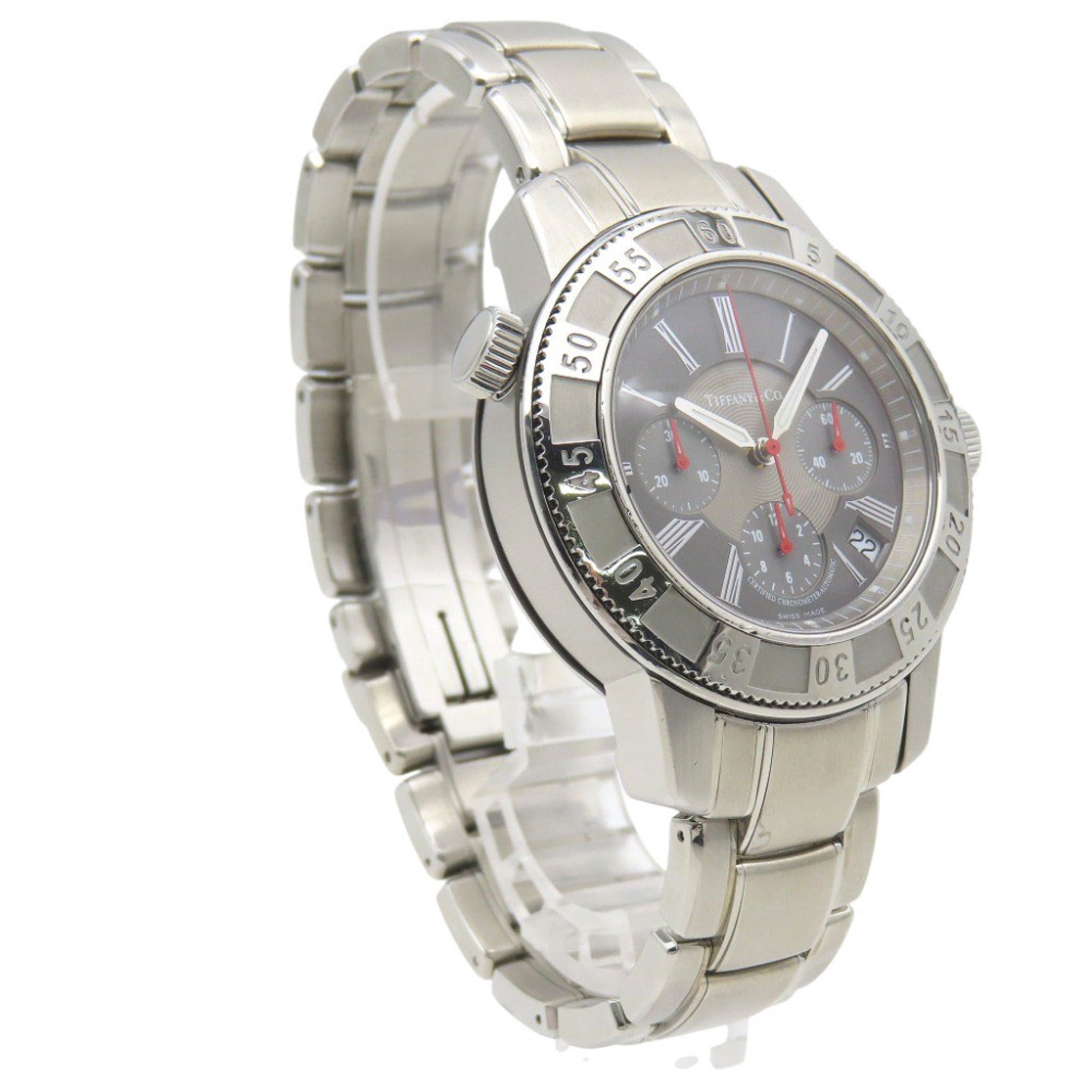 Tiffany & Co. T-57 Chronograph Watch with See-Through Back, Automatic, Stainless Steel, Gray, 0201, TIFFANY Co., Men's — Good