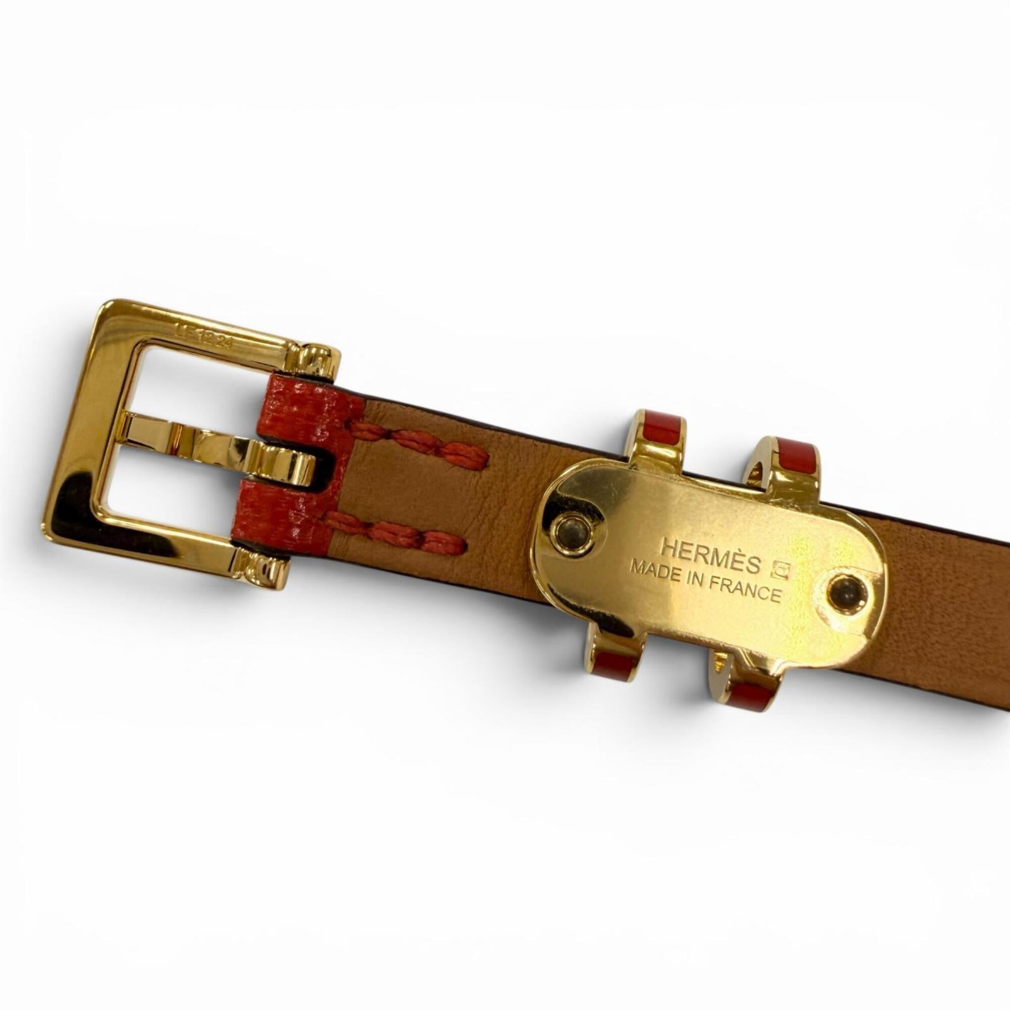 HERMES Pop H Double Tour Leather Bracelet with Golden Yellow Hardware, Red, T2 K Stamp, Made in France, Women's, Box and Dust Bag — Like New