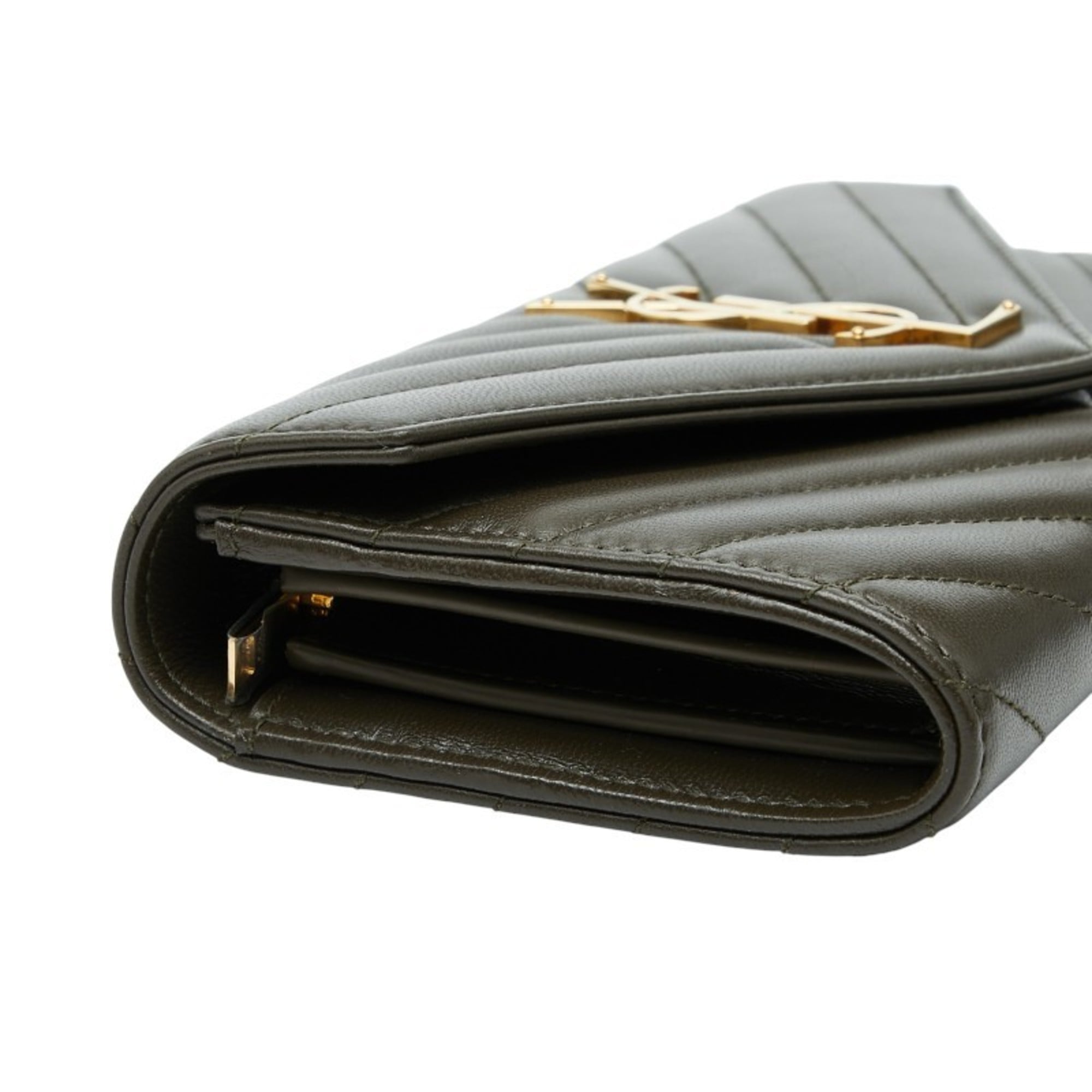 Saint Laurent Cassandra V-Stitch Long Wallet 372264 Khaki Leather Women's SAINT LAURENT