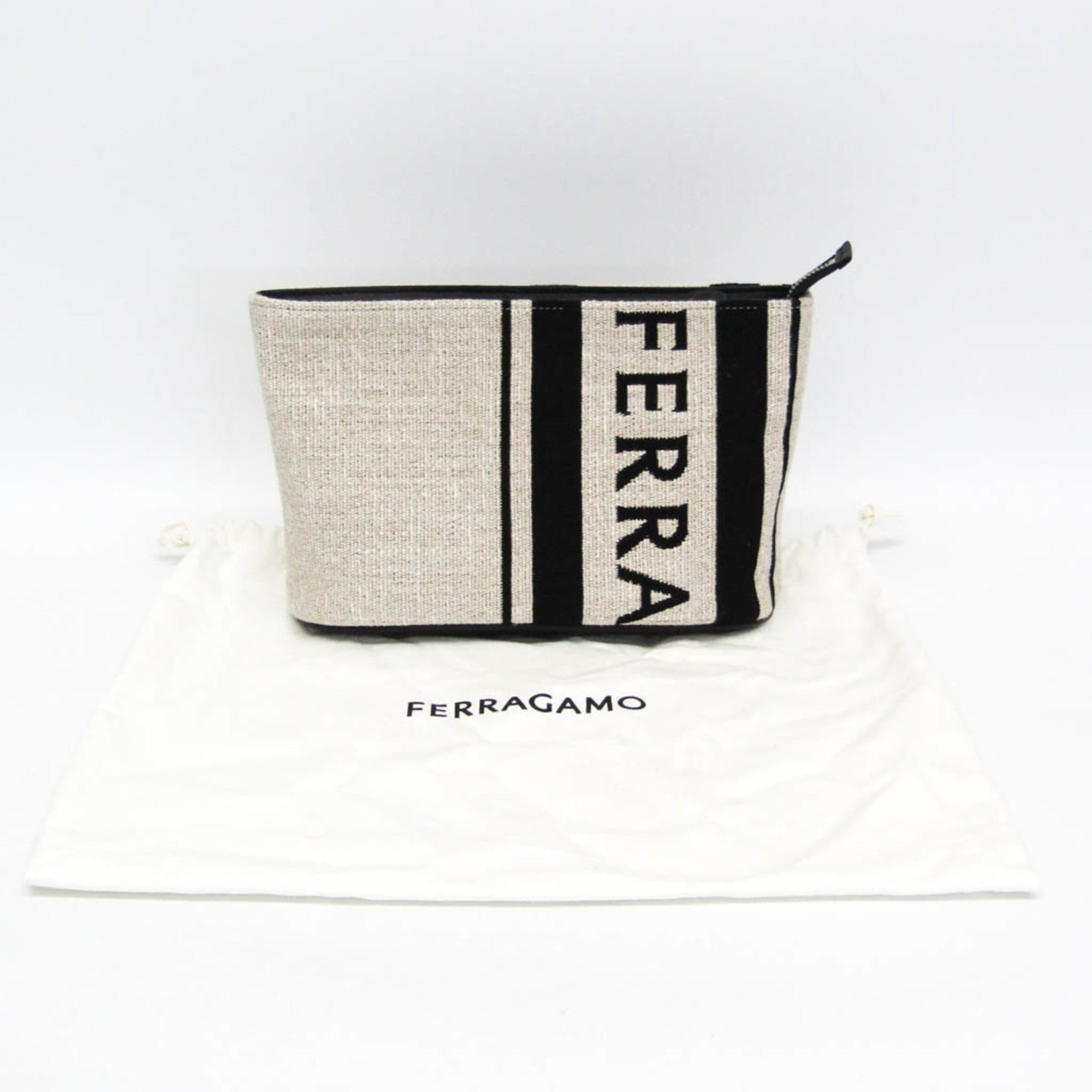 Salvatore Ferragamo Logo EE-24 1638 Men,Women Leather,Cotton Pouch Beige,Black — Like New