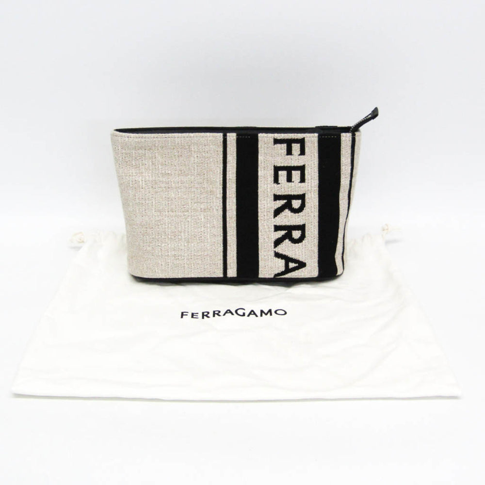 Salvatore Ferragamo Logo EE-24 1638 Men,Women Leather,Cotton Pouch Beige,Black — Like New