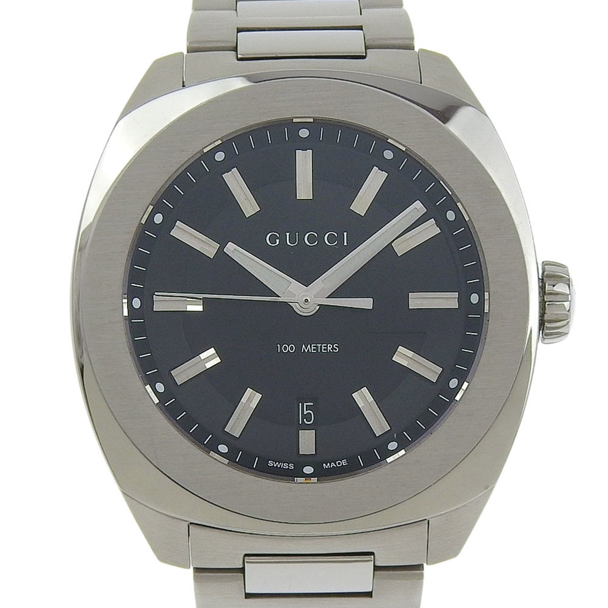 Gucci Date 100m YA142201 142 2 Black Dial Stainless Steel Quartz Watch with Battery, 43mm Men's — Very Good