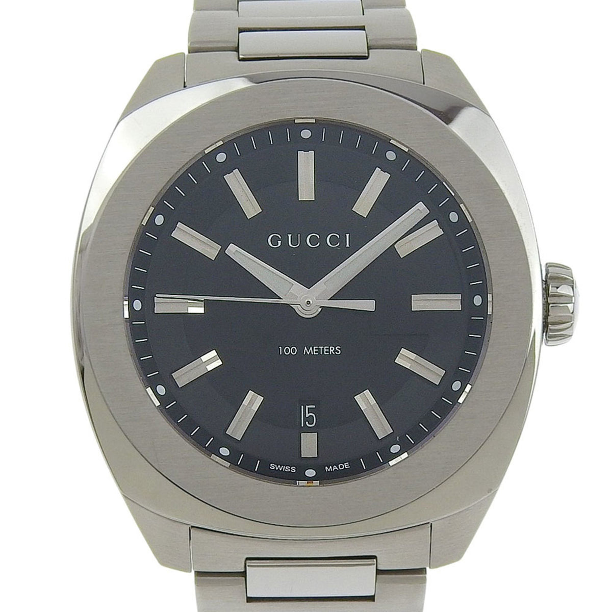 Gucci Date 100m YA142201 142 2 Black Dial Stainless Steel Quartz Watch with Battery, 43mm Men's — Very Good