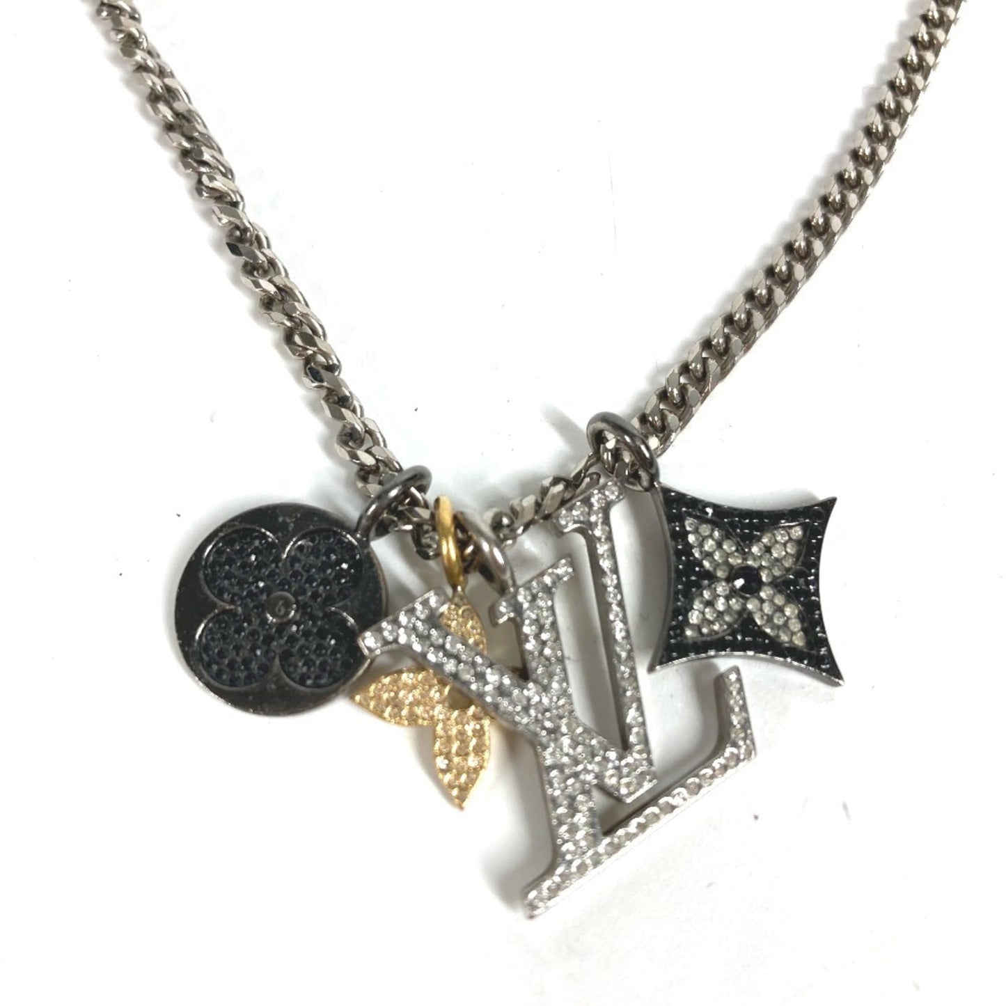 LOUIS VUITTON M00522 LV Instinct Strass Chain Necklace, Rhinestone Metal, Silver, Men's and Women's