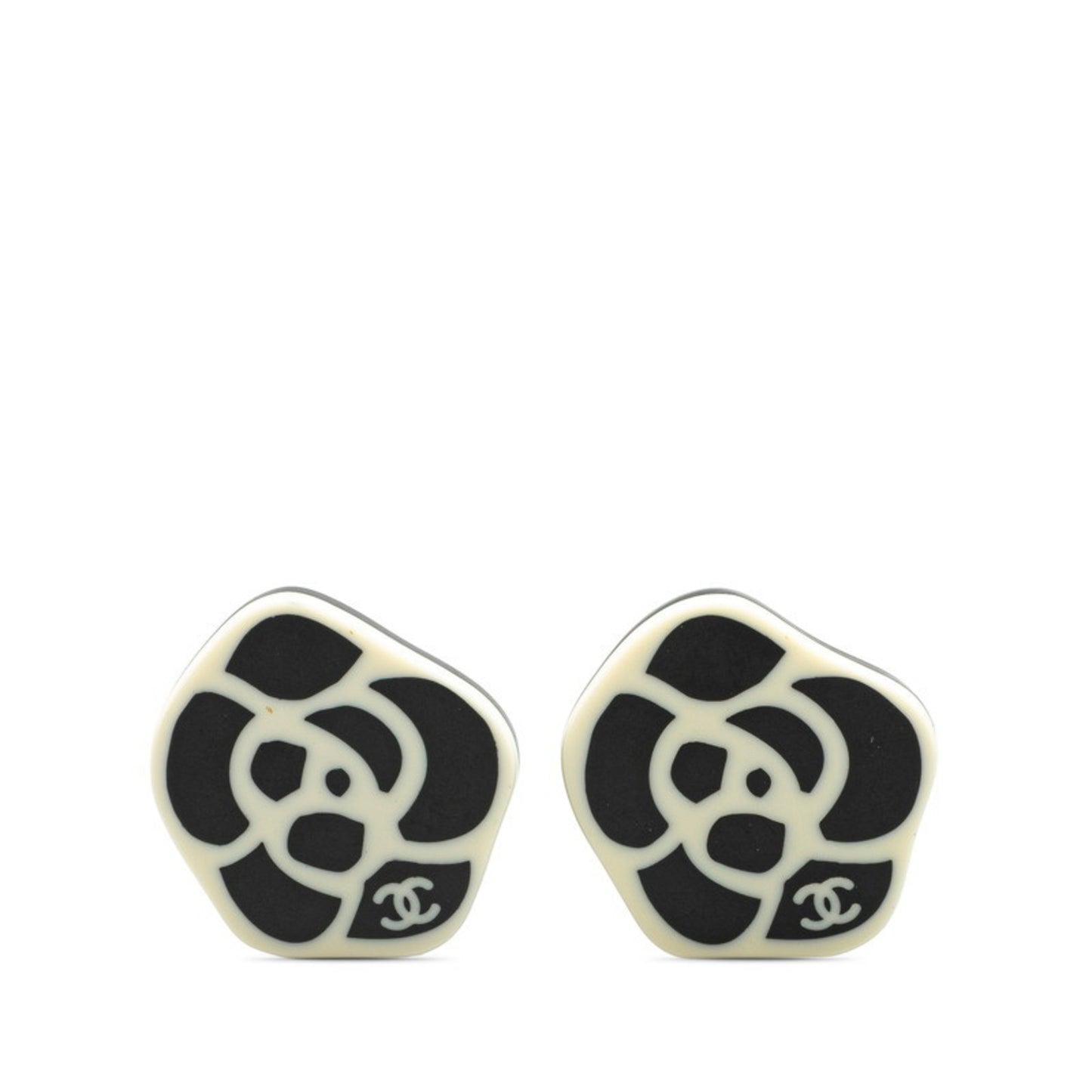 CHANEL Camellia Coco Mark Earrings in Black and White Plastic with Plated Design for Women