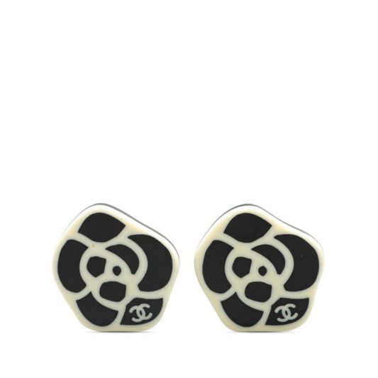CHANEL Camellia Coco Mark Earrings in Black and White Plastic with Plated Design for Women