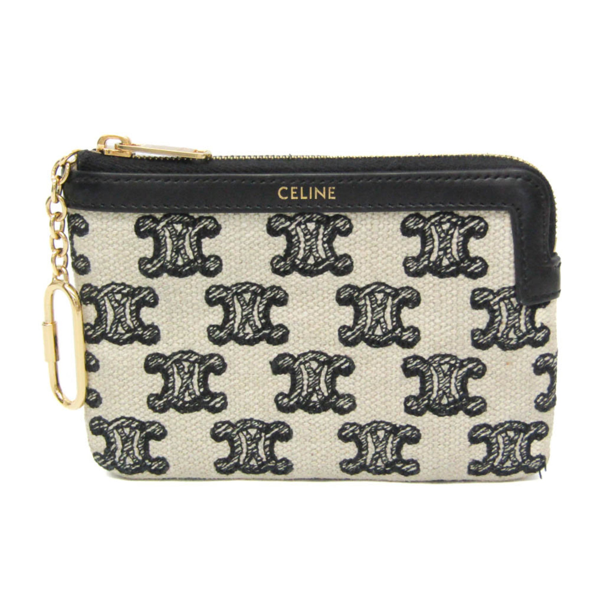 Celine Triomphe Coin And Card Pouch With Keychain Men,Women Canvas,Leather Coin Purse/coin Case Black,Off-white