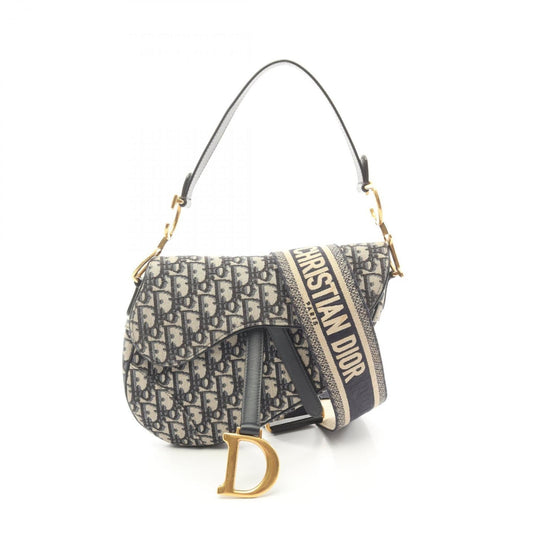 Christian Dior Dior Saddlebag, Oblique Jacquard Handbag, Canvas and Leather, Women's, Beige Navy