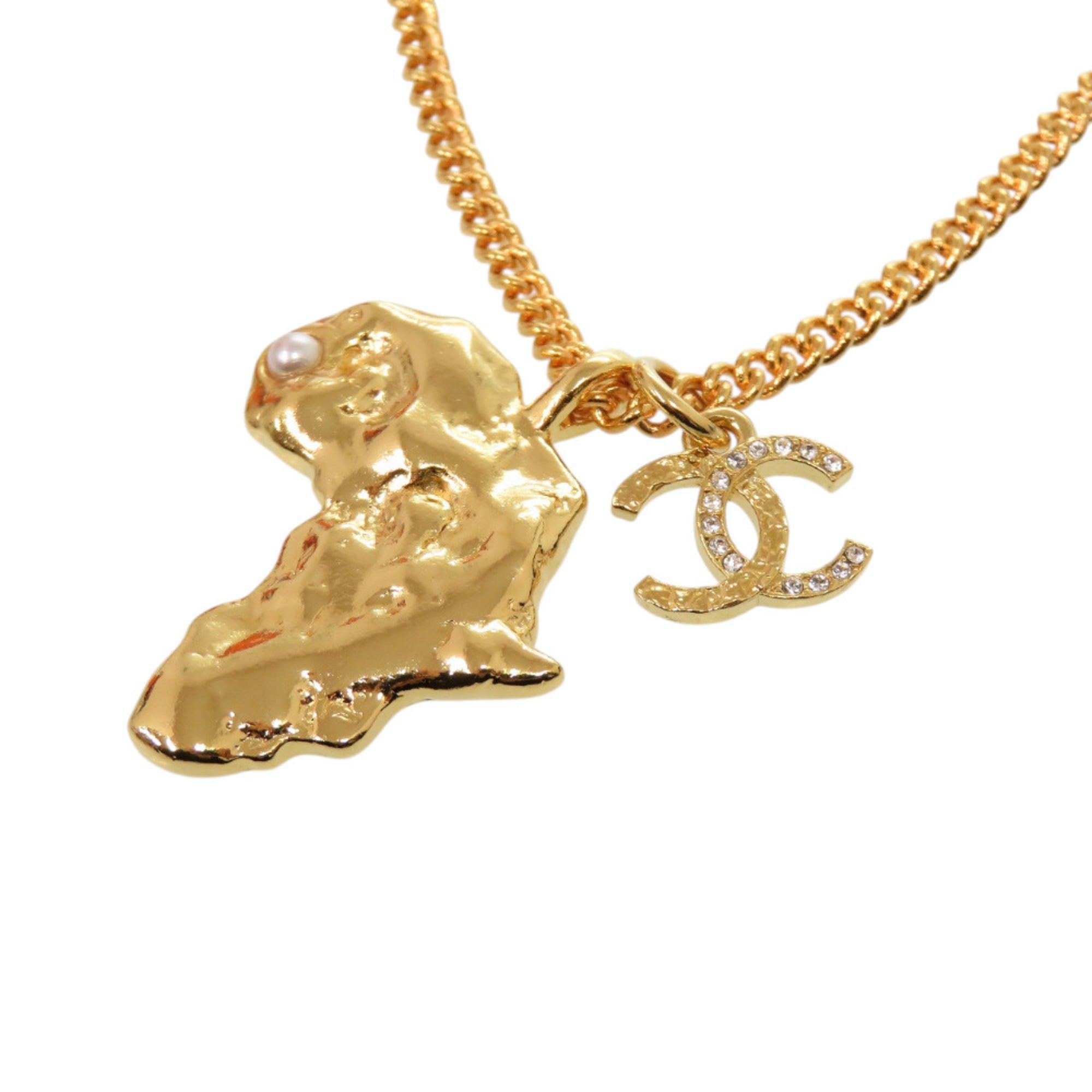 Chanel Coco Mark African Continent Motif Metal Faux Pearl Rhinestone Gold Necklace 0357CHANEL — Like New