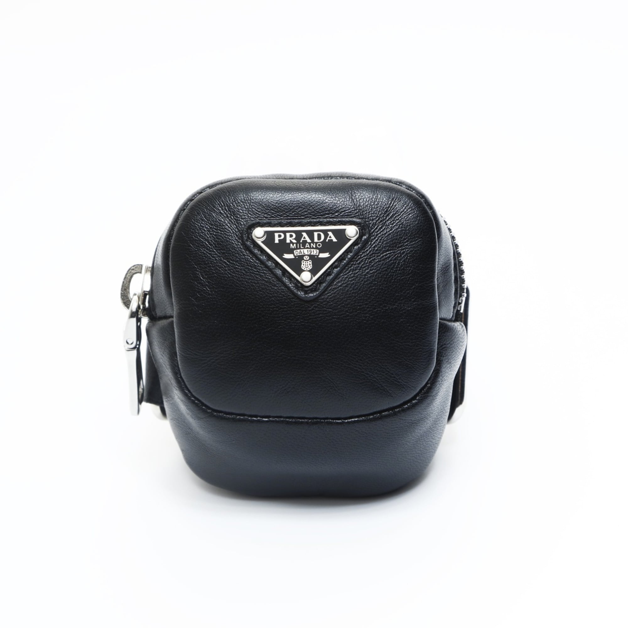 Prada Mini Leather Triangle Logo Charm Pouch in Black