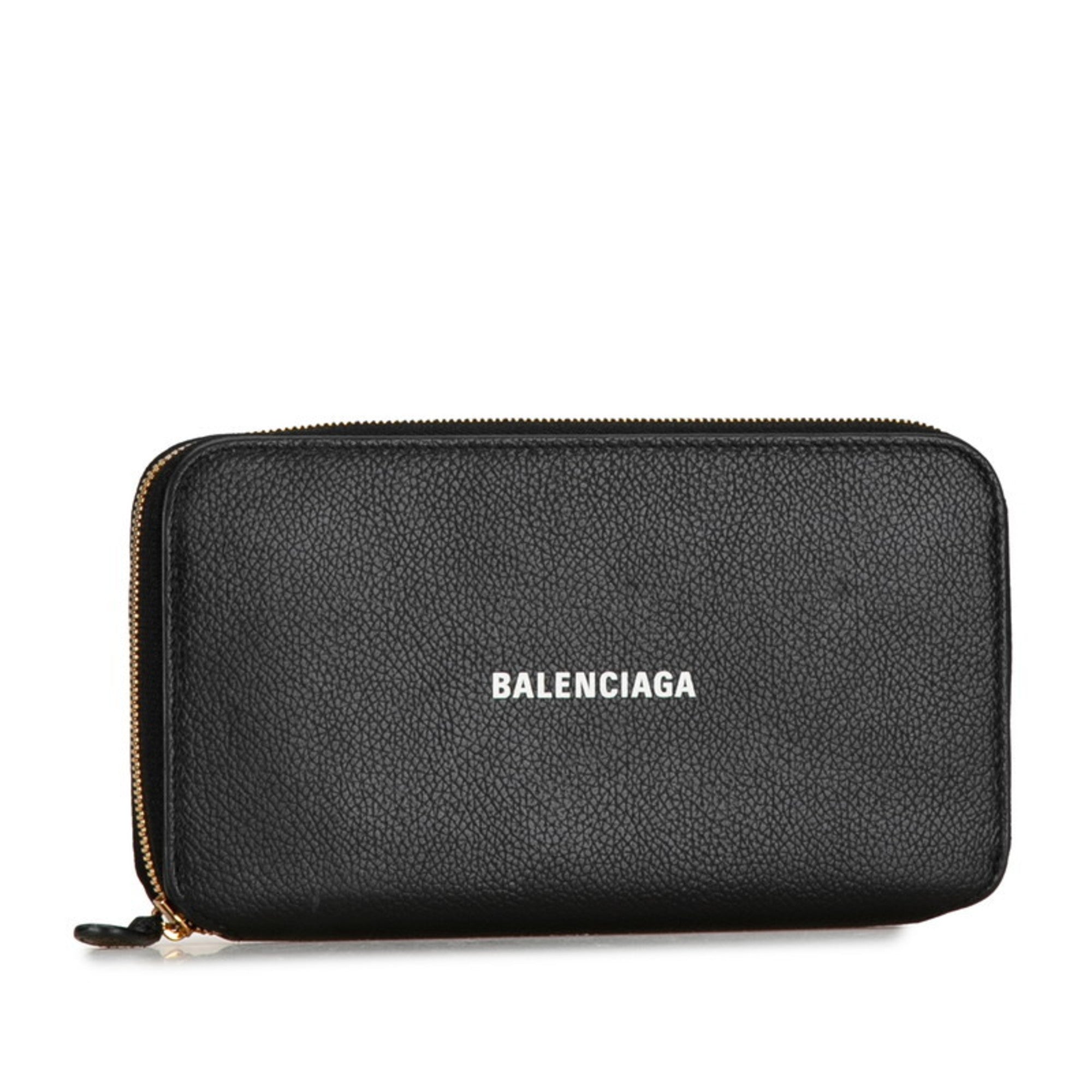Balenciaga Logo Round Zip Long Wallet 594290 Black Leather Women's BALENCIAGA
